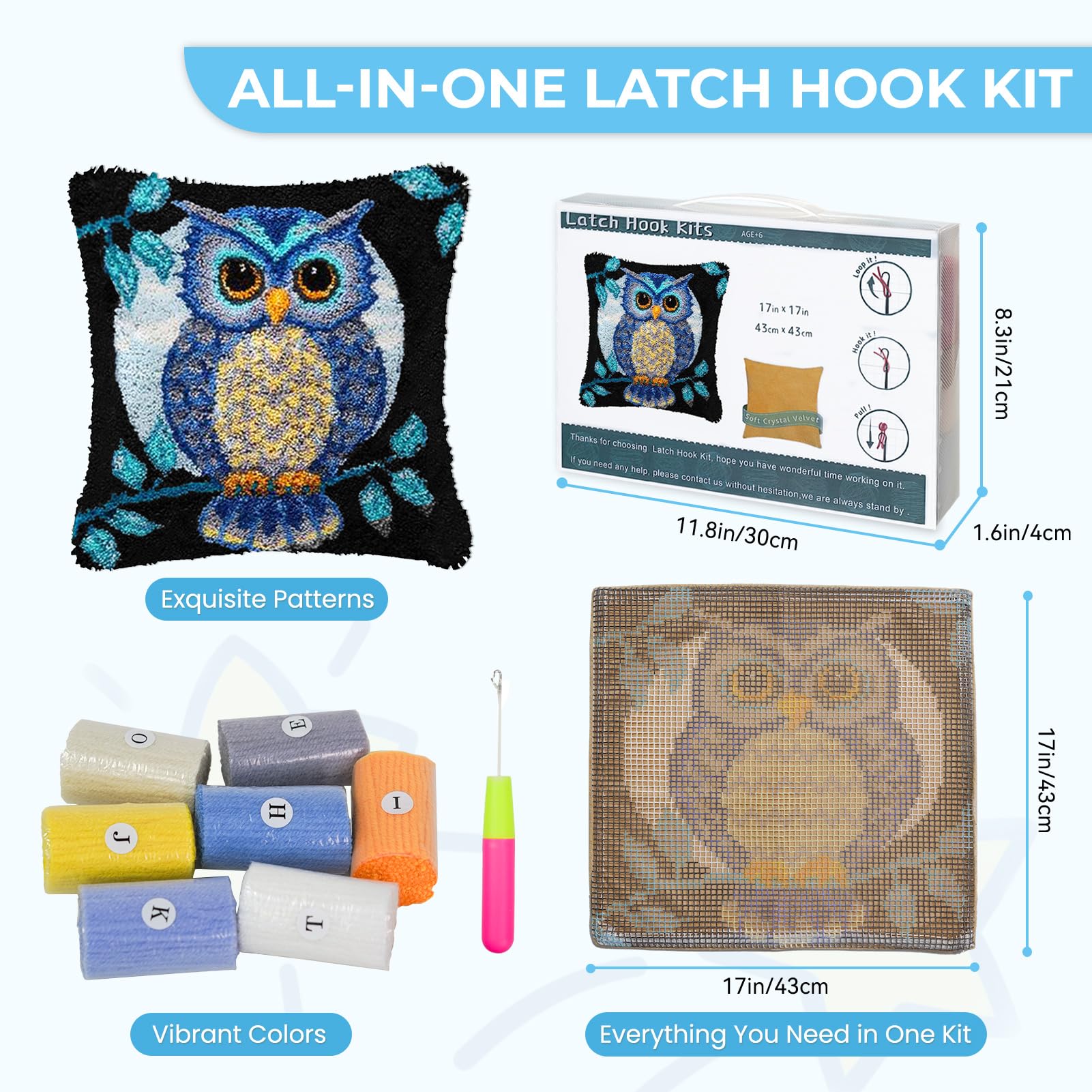 EsLuker.ly Full Moon Owl Latch Hook Pillow Kit for Adults Beginners DIY Throw Pillow Cushion Cover Making Set including Pre-Printed Canvas & Crochet Yarn - Image 2