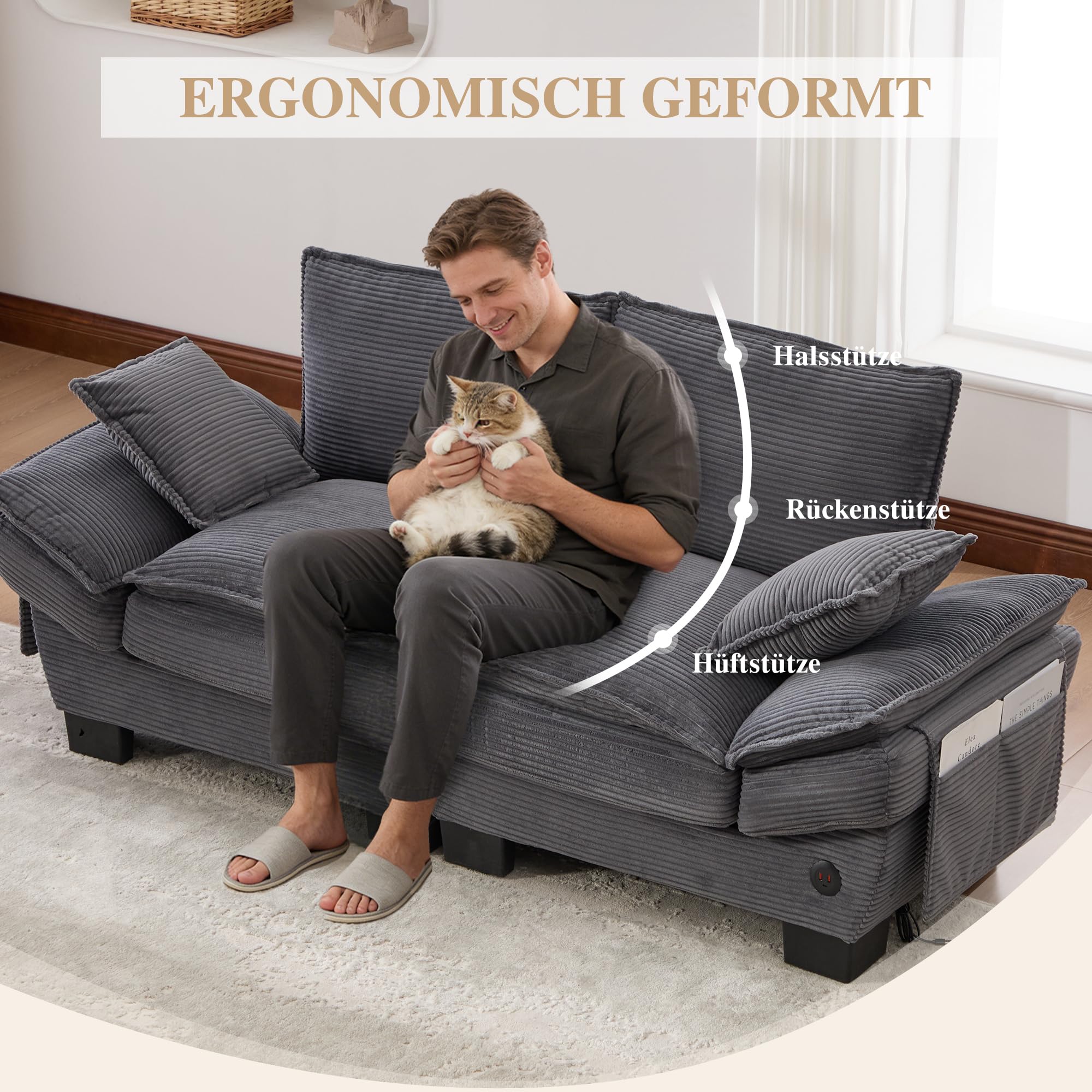 Modułowa sofa 2-osobowa, ergonomiczna szerokość siedziska z przyłączem C, sofa do salonu z bocznymi kieszeniami, do salonu, kolor ciemnoszary