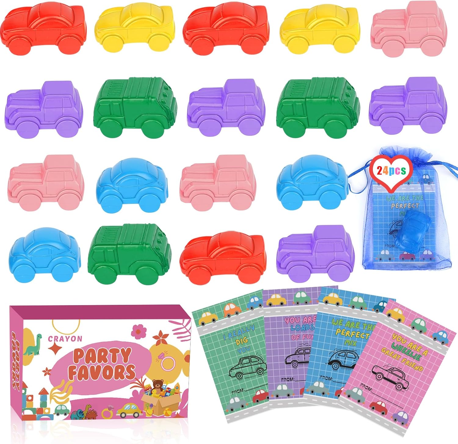 24 Pcs Easter Gifts for Kids with Car Shaped Crayons - Easter Egg Fillers Cards for Kids School Basket Stuffers Fillers , Preschool Valentine Gift Set Party Favors and Classroom Gifts for Toddler