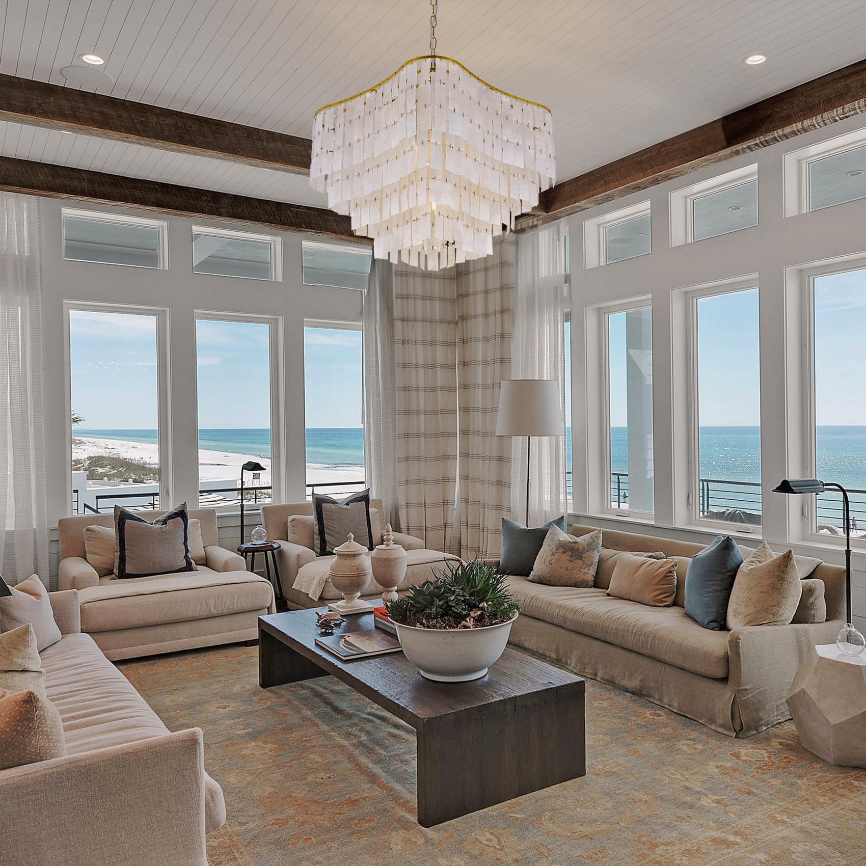 Onizbar 【Luxury】 TOCHIC Modern Capiz Chandelier Lighting, 7 Lights Natural