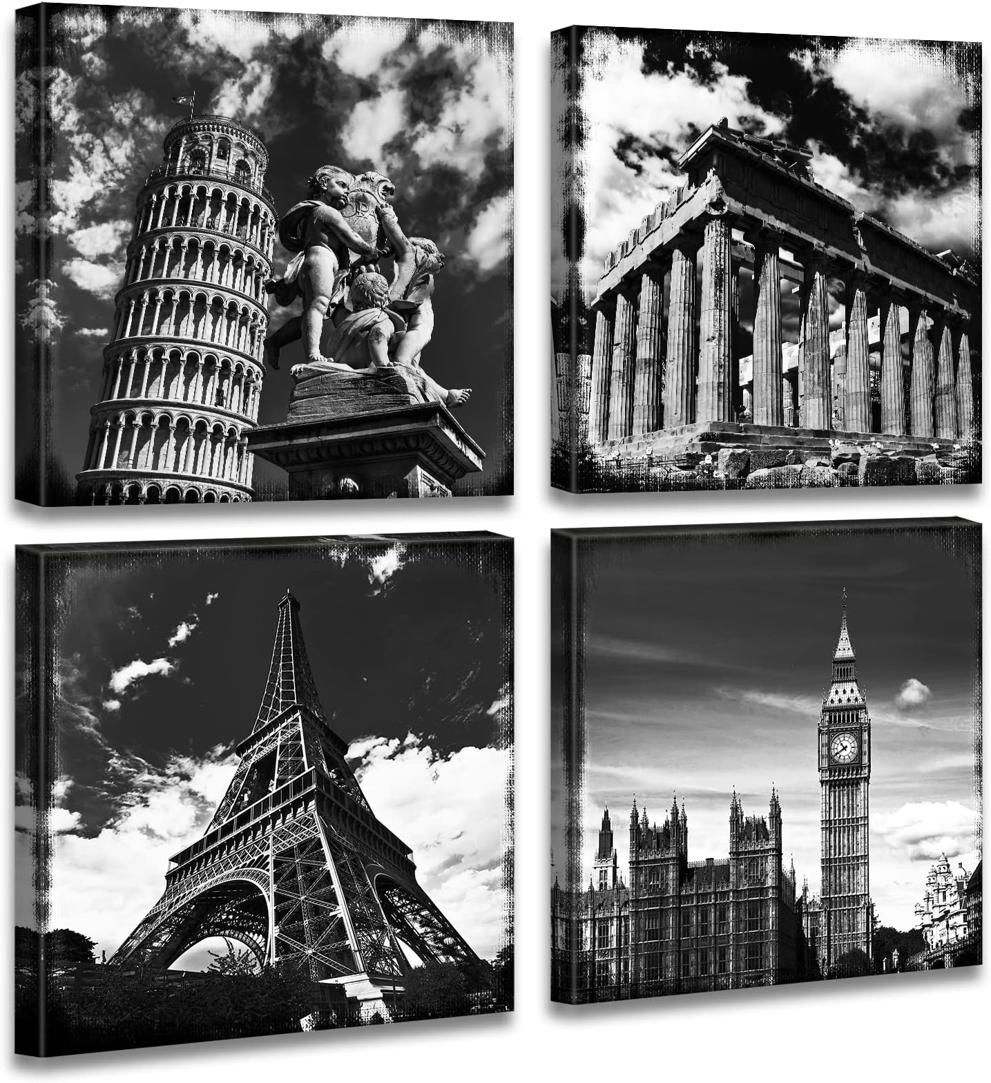 JiazuGo Black and White Building Wall Art for Living Room Contemporary European Famous Architecture Leaning Tower of Pisa Eiffel Parthenon London Elizabeth City Big Ben Canvas Pictures Paintings