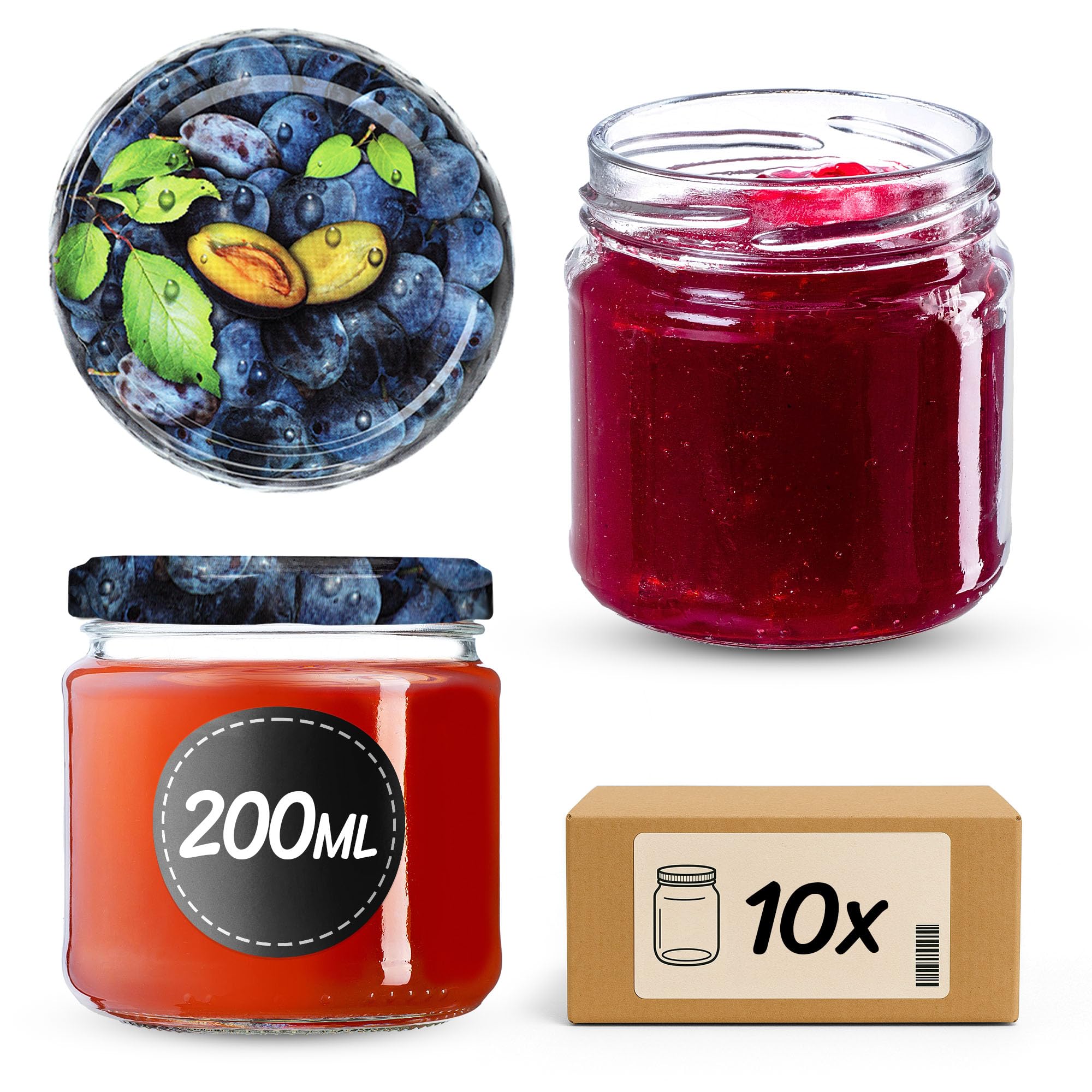 KADAX Glass Jars 200 ml, Small Preserving Jars with Metal Lids for Homemade Jam and Honey, Jars for Storing Spices and Herbs (Plums, Set of 10)