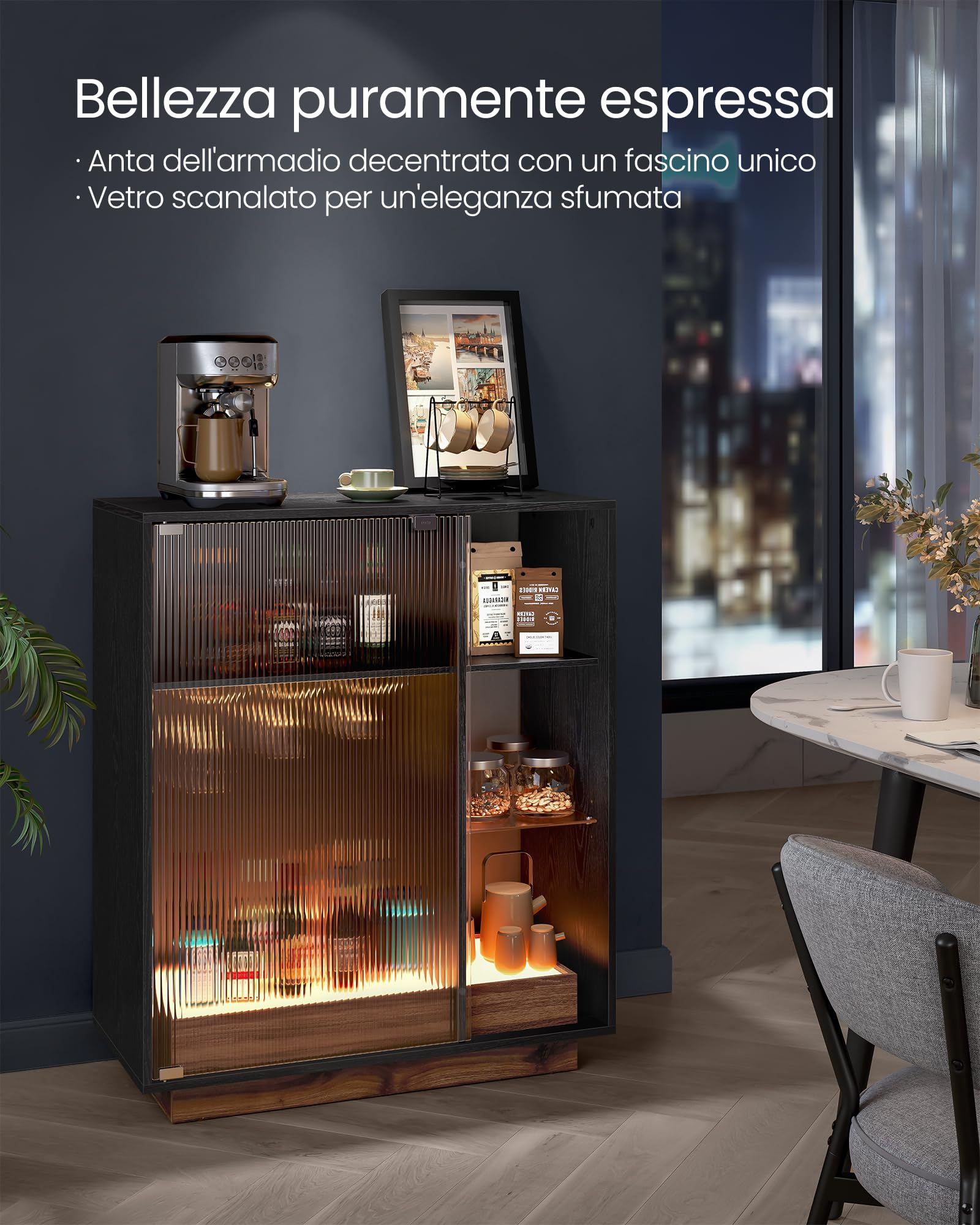 VASAGLE Mobiletto Bar con Illuminazione, Credenza con Luce LED e Spazio per Vino, Angolo Bar per Liquore, con Porta Calici, Anta in Vetro Scanalato, per Salotto, Nero Ebano BBK361B21