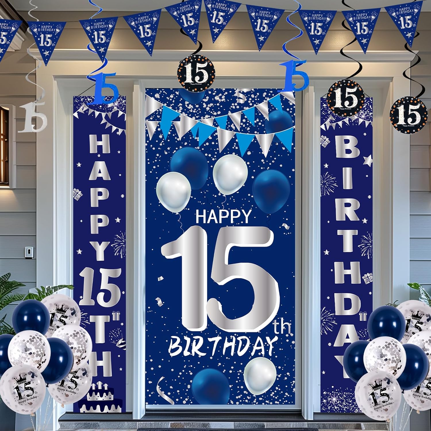 15th Birthday Decorations for Boys Girls, Navy Blue Happy 15th Birthday Door Banner Sign, 15 Years Old Party Supplies Teenagers Bday Backdrop Balloons Hanging Decors - Image 5