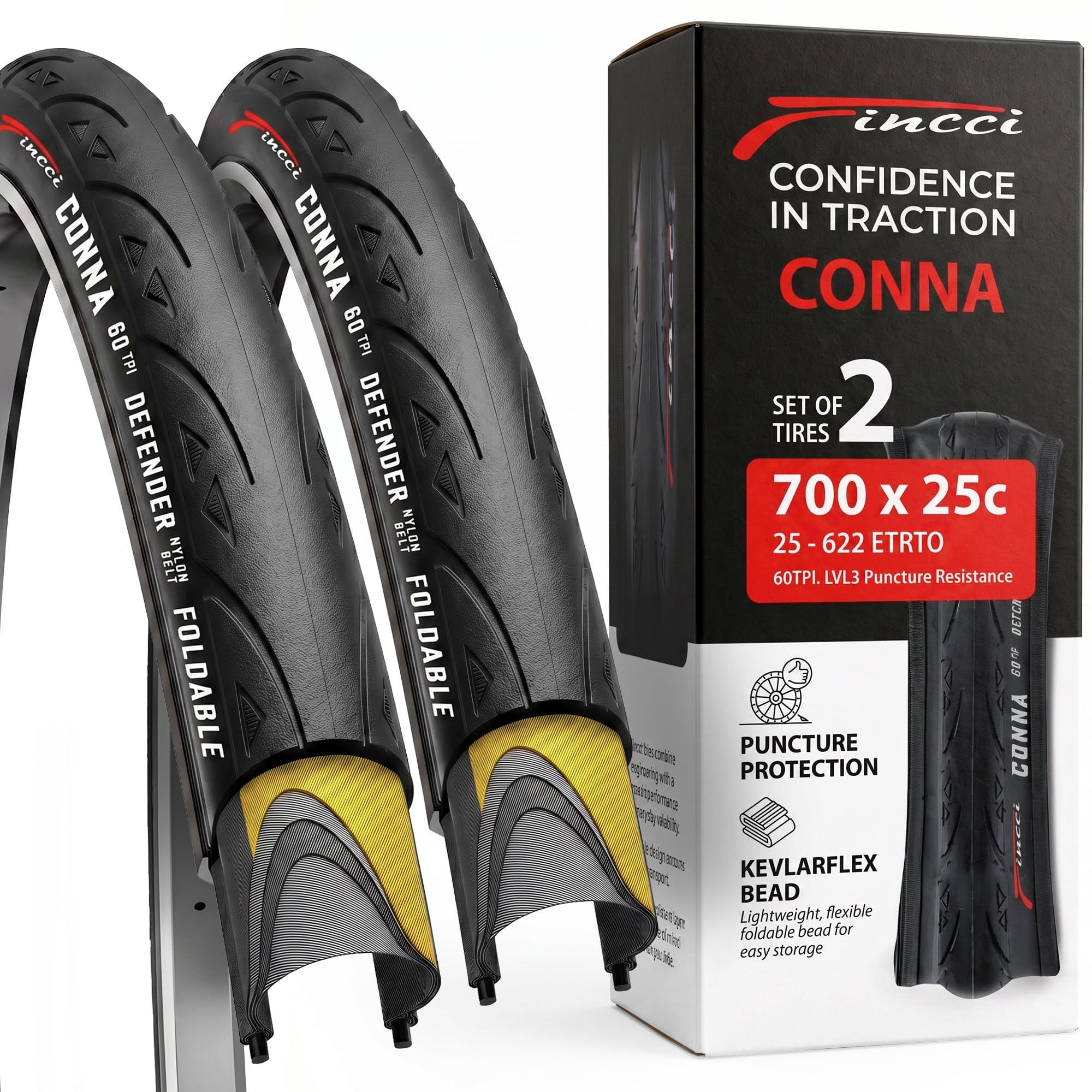 Fincci Copertoni Bici da Corsa 700x25c (ETRTO 25-622) – Coppia Pieghevole con Protezione Antiforatura 1 mm in Nylon LVL3, 60 TPI, Opzione con Fascia Riflettente, per Strada, Gara, Sport e Ciclismo