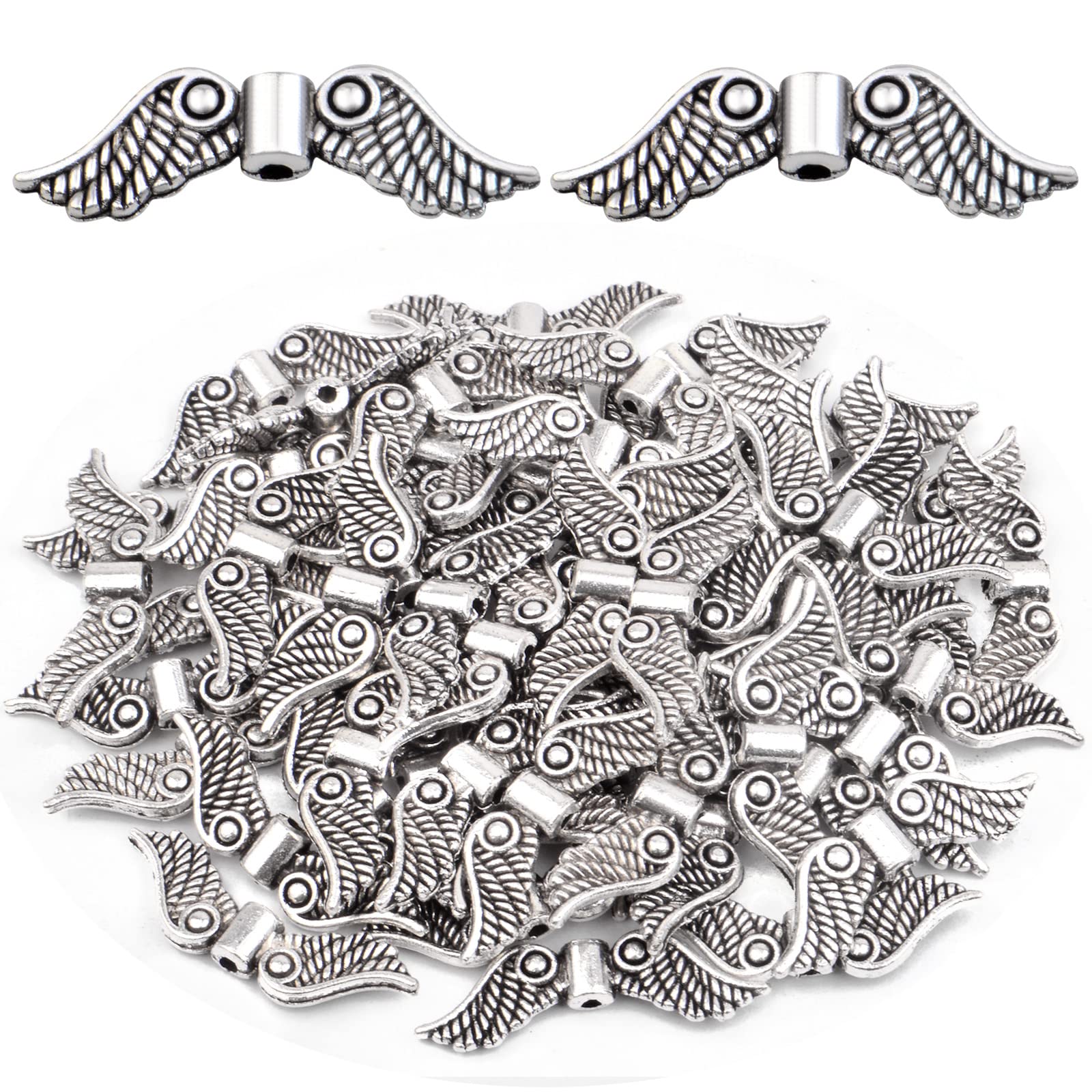60pcs Antique Silver Angel Wing Beads Alloy Tibetan Style Fairy Wing Charm Spacer Beads for DIY Bracelet Necklace Crafts Jewelry Making, 23.5x7mm