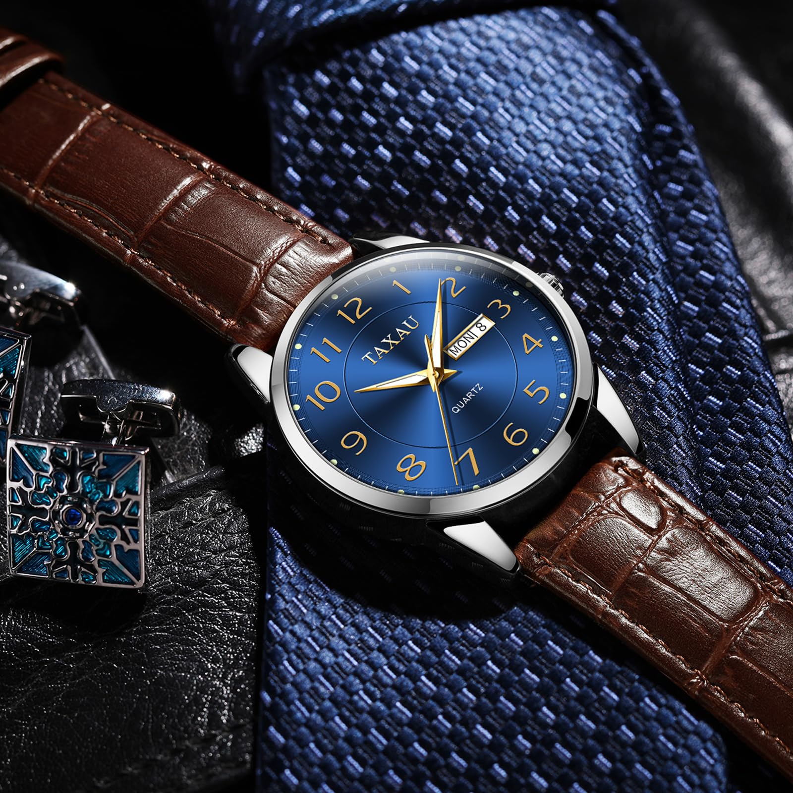 Taxau Herren Armbanduhr Leder Herrenuhr Lederarmband Uhren Herren Großes Zifferblatt Tag Datum Herrenarmbanduhr Wasserdicht Uhr Lässig Business Uhr für Herren