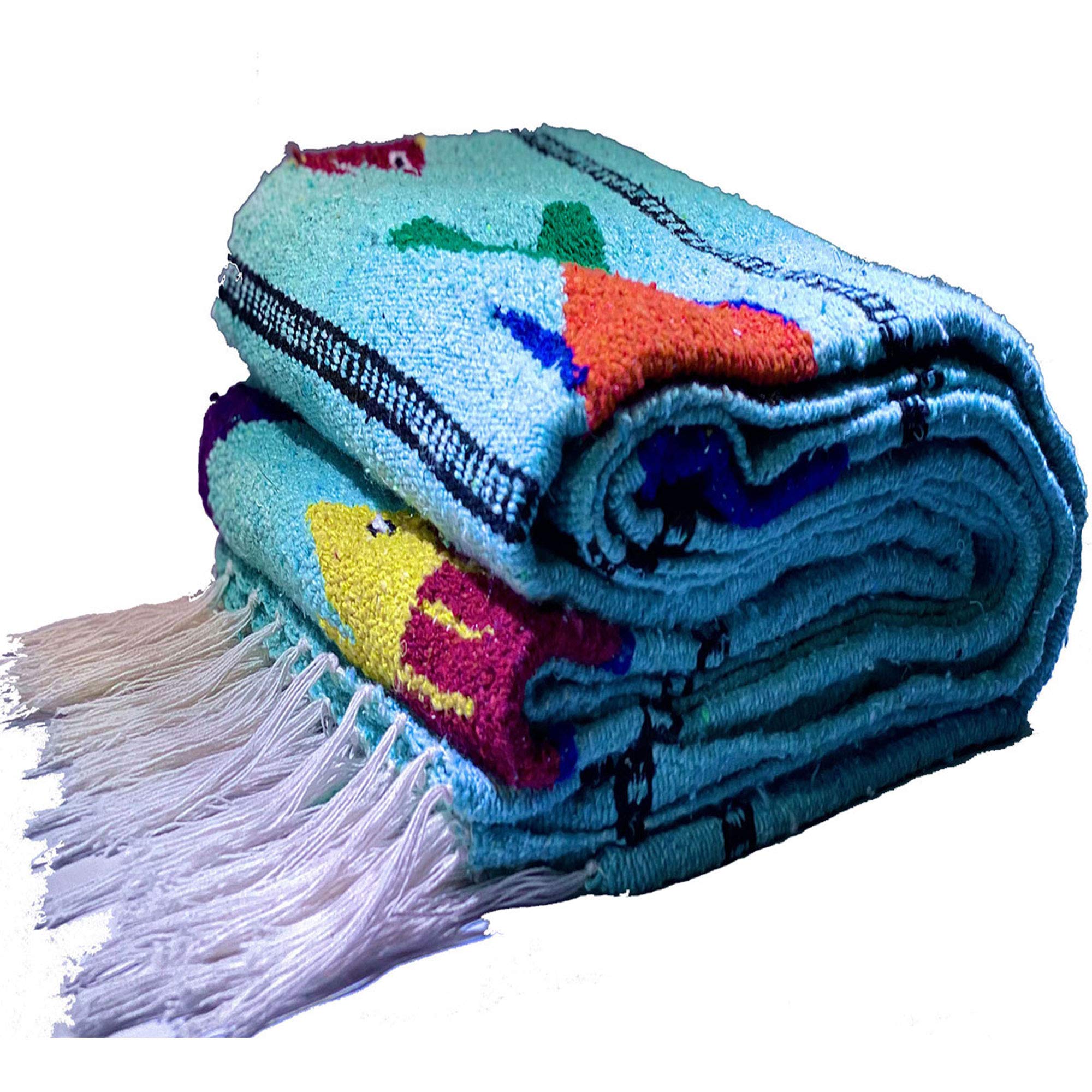 Baja Trader Serape Mexican Blanket, Yoga Mat, Camping Blanket, Beach Blanket, Picnic Blanket, Handmade Woven Throw Blanket, Home Decor, Car Blanket (Fish) (Ice)