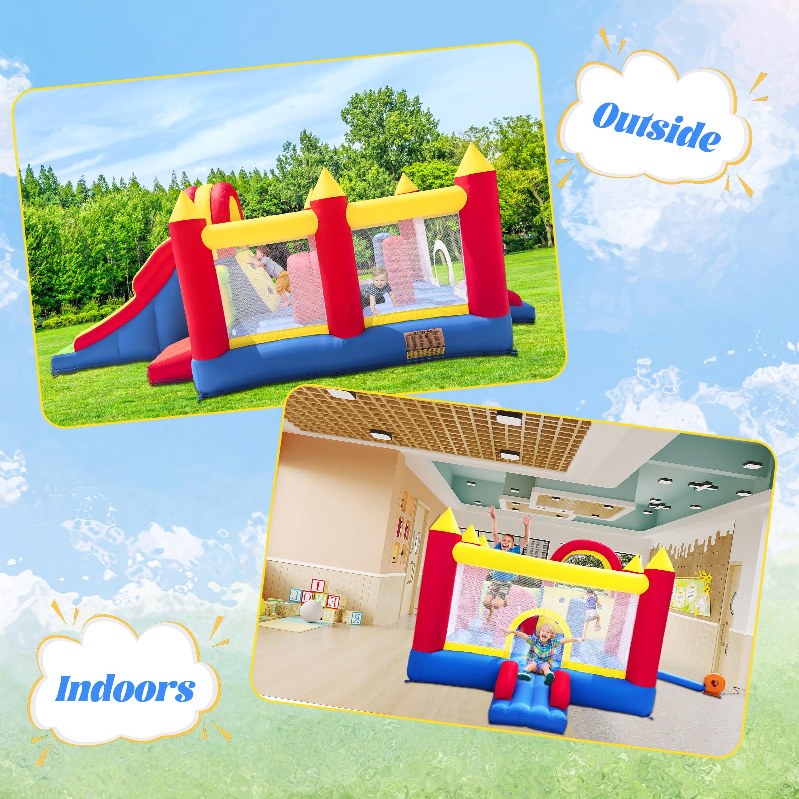 Ballsea Hüpfburg XXL - Riesiges aufblasbares Schloss mit großer Rutsche und Trampolin, 592x290x216 cm - Ideal für Kindergeburtstag und Garten (ohne Gebläse)