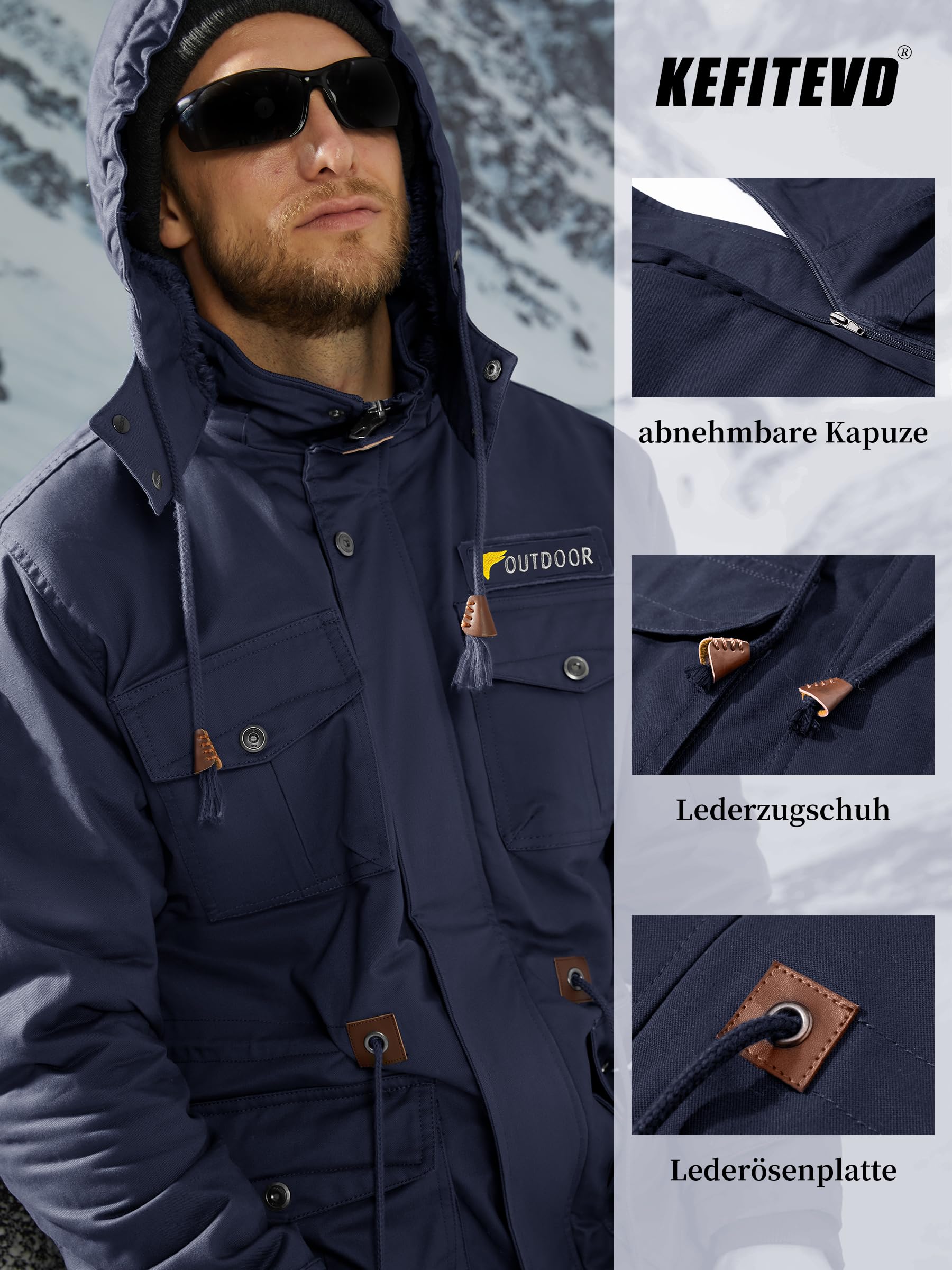 KEFITEVD Winterparka Herren Fleece Gefüttert Winterjacke mit Viele Taschen