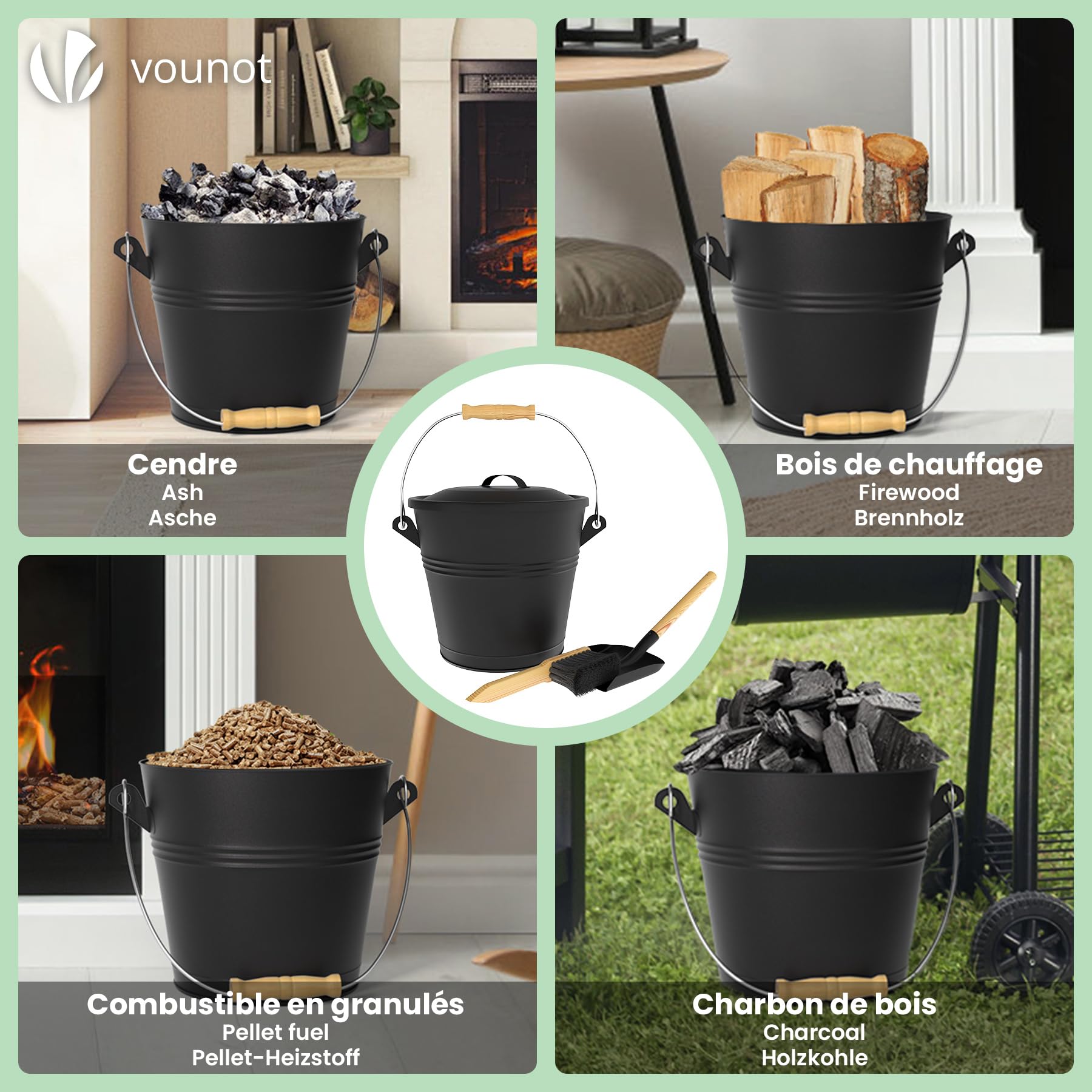 VOUNOT® Cubo Cenizas con Tapa y Set Barrido 5L Contenedor Ceniza con Asa, Pala y Escoba de Mano, Accesorios para Chimenea Estufa, Recipiente con Asas para Carbón y Restos de Leña, Metálico, Negro