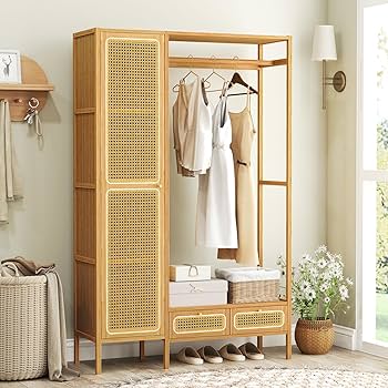 大容量竹製ハンガーラック カーテン・棚付き 幅90cmx高さ146cm 竹製ハンガーラック 幅90cmx高さ146cm カーテン・棚付き 大容量
