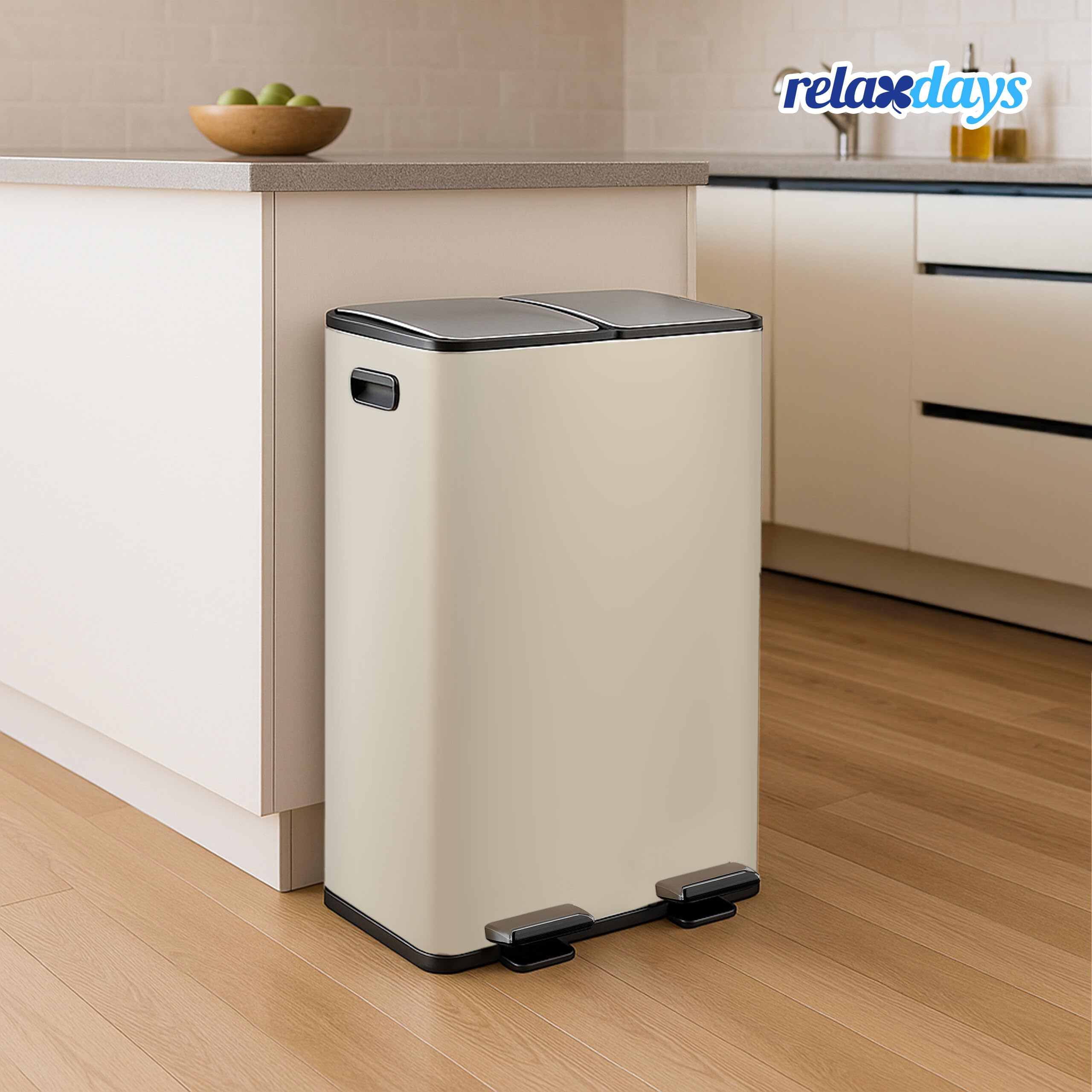Relaxdays Mülleimer, 2 Fächer, je 30 Liter, entnehmbare Inneneimer, Fußpedal, Küche, Tretmülleimer, Eisen, beige/silber