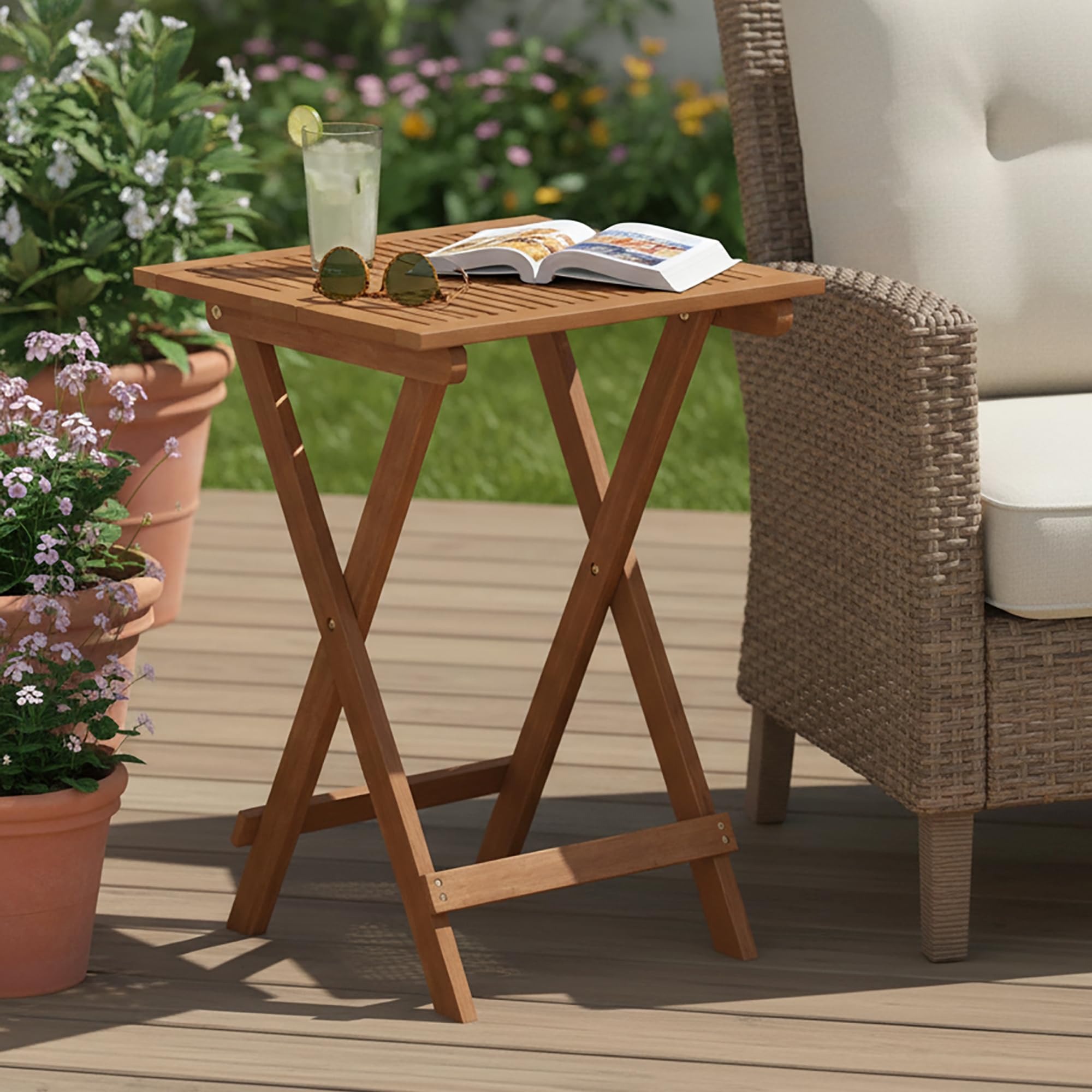 Furinno TIOMAN Tavolino pieghevole per esterni, tavolino da patio, tavolino portatile in legno per balcone, giardino, veranda, finitura a olio di teak, legno chiaro