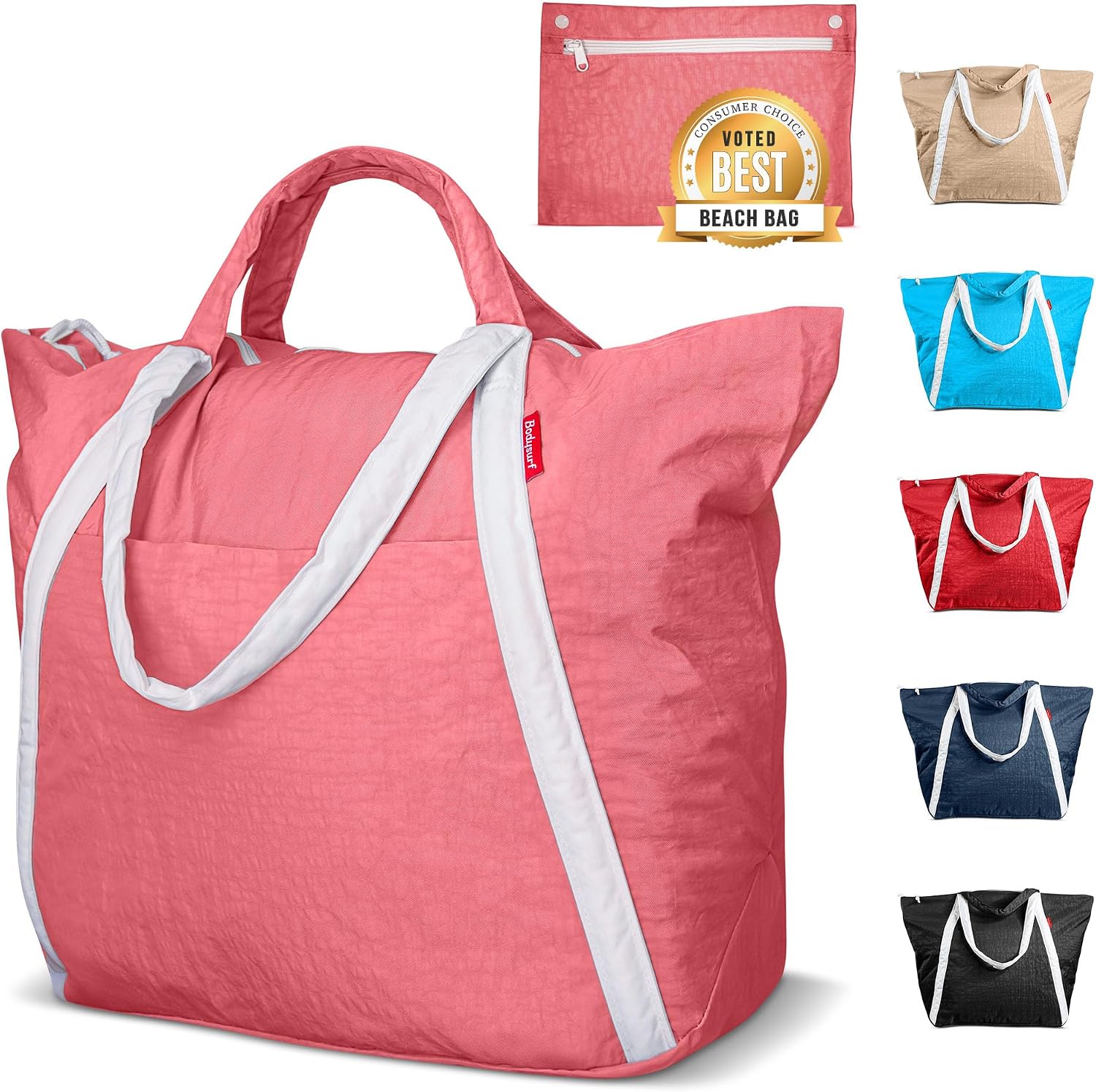 Bodysurf Beach Bags Waterproof Sandproof - Packable Foldable Nylon Zipper Tote Bag for Travel Lightweight, Pool, Boat, Cruise