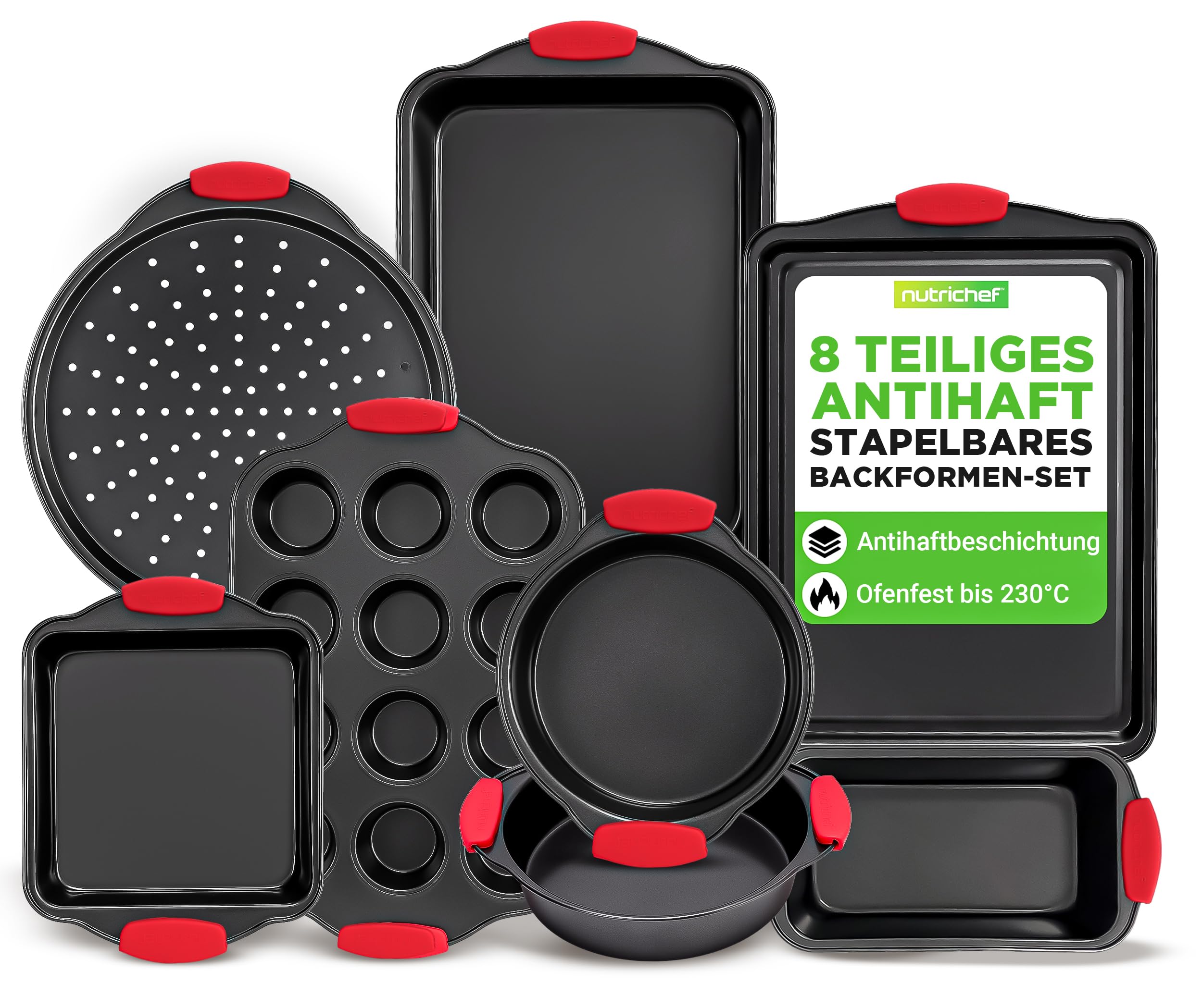 NutriChef Backset 8-teilig – Backblech, Brotbackform, Muffinform, Pizzablech Antihaft & spülmaschinenfest, platzsparend stapelbar, hitzebeständig & lebensmittelecht