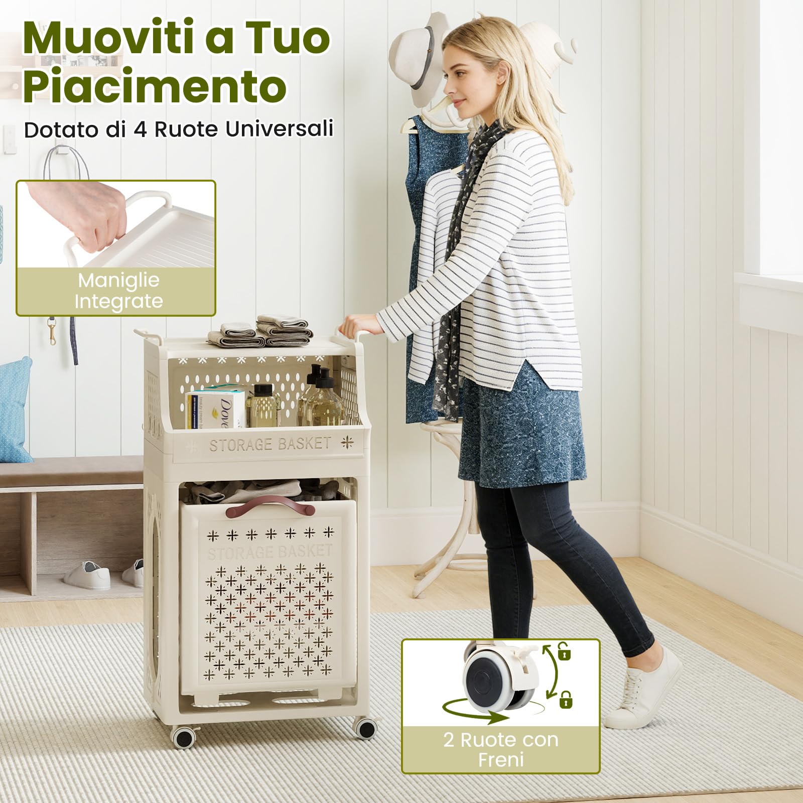 COSTWAY Cesto Portabiancheria Pieghevole con Ruote | Carrello Organizzatore per Bagno con Contenitore di Stoccaggio e Ganci, in Plastica a Più Strati
