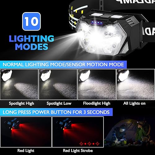 Miniatura 3 de Lsnisni 9 faros LED recargables, 2000 lúmenes, súper brillantes, 10 modos, lámpara de cabeza con sensor de movimiento con luz blanca roja, linterna