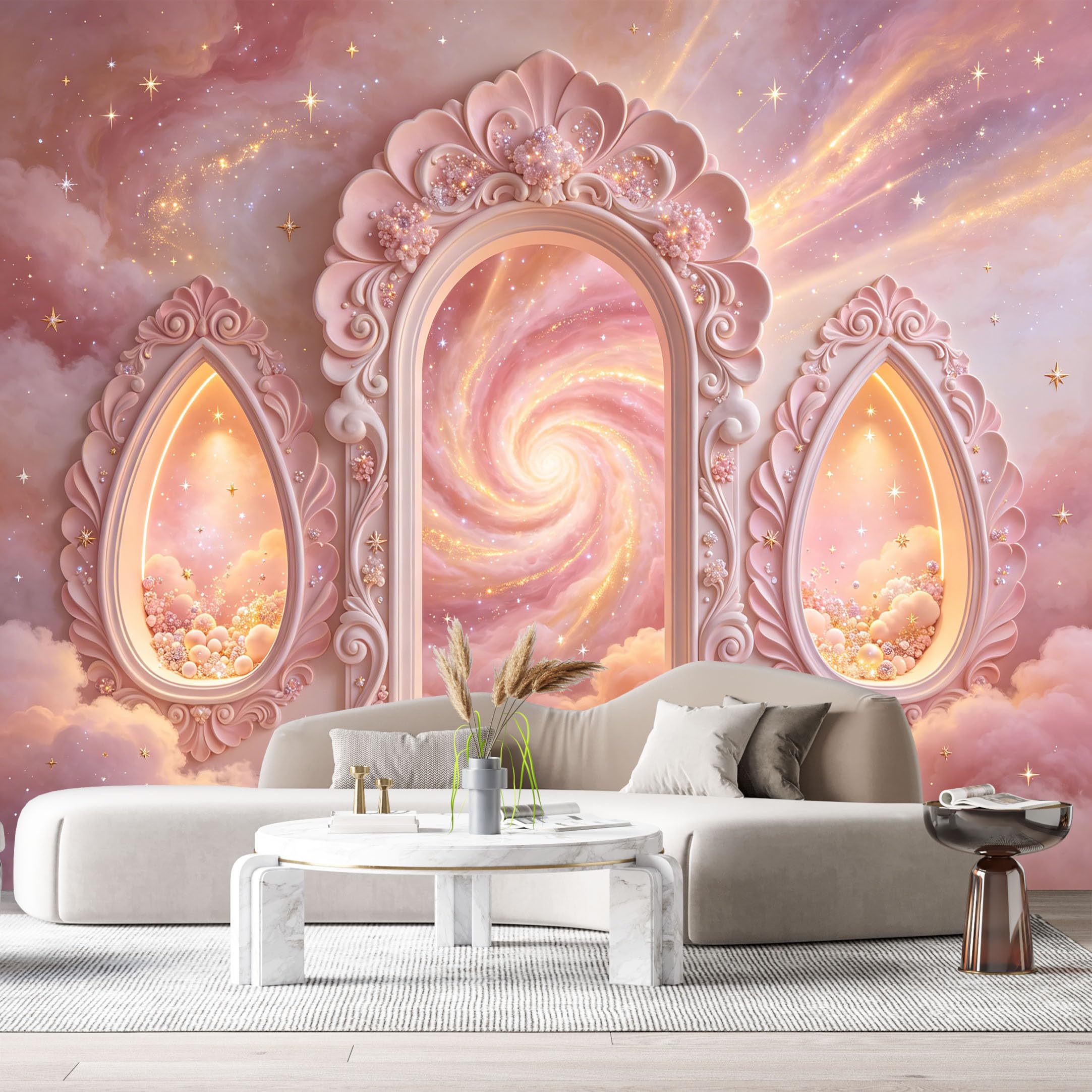 Custom Size Wall Murals Celestial Sky Fantasy Portal Galaxy Swirl Soft Pink Gold Clouds 3D Trompe L'Oeil SelfAdhesiveWall Fabric Removable Wallpaper Wall Decor for Living Room Bedroom