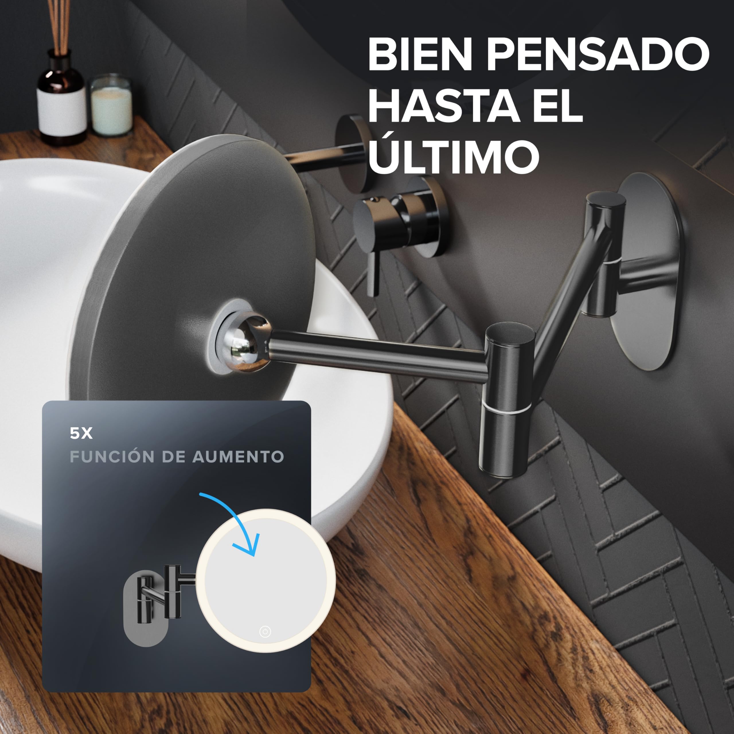 Espejo de aumento Ringstind Gunmetal | con iluminación | recargable | Montaje en pared sin taladrar | en el baño | Espejo de aumento 5x | Espejo de maquillaje con luz | espejo de 360 ​​​​grados