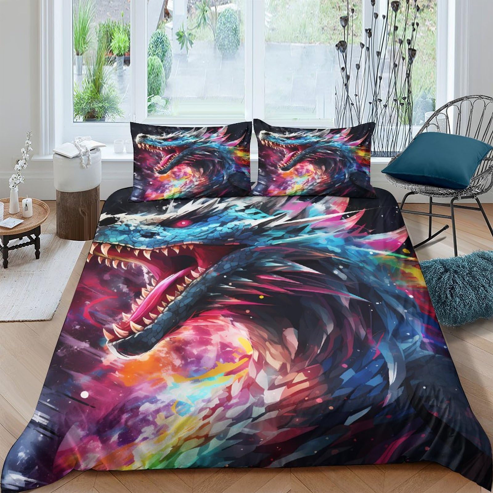 GPLZQXKJNH 3D Printed Dragon Fire Duvet Cover Microfiber Soft Breathable Fantasy Bedding Set with 2 Pillowcases for Bedroom Decor Single（135x200cm）