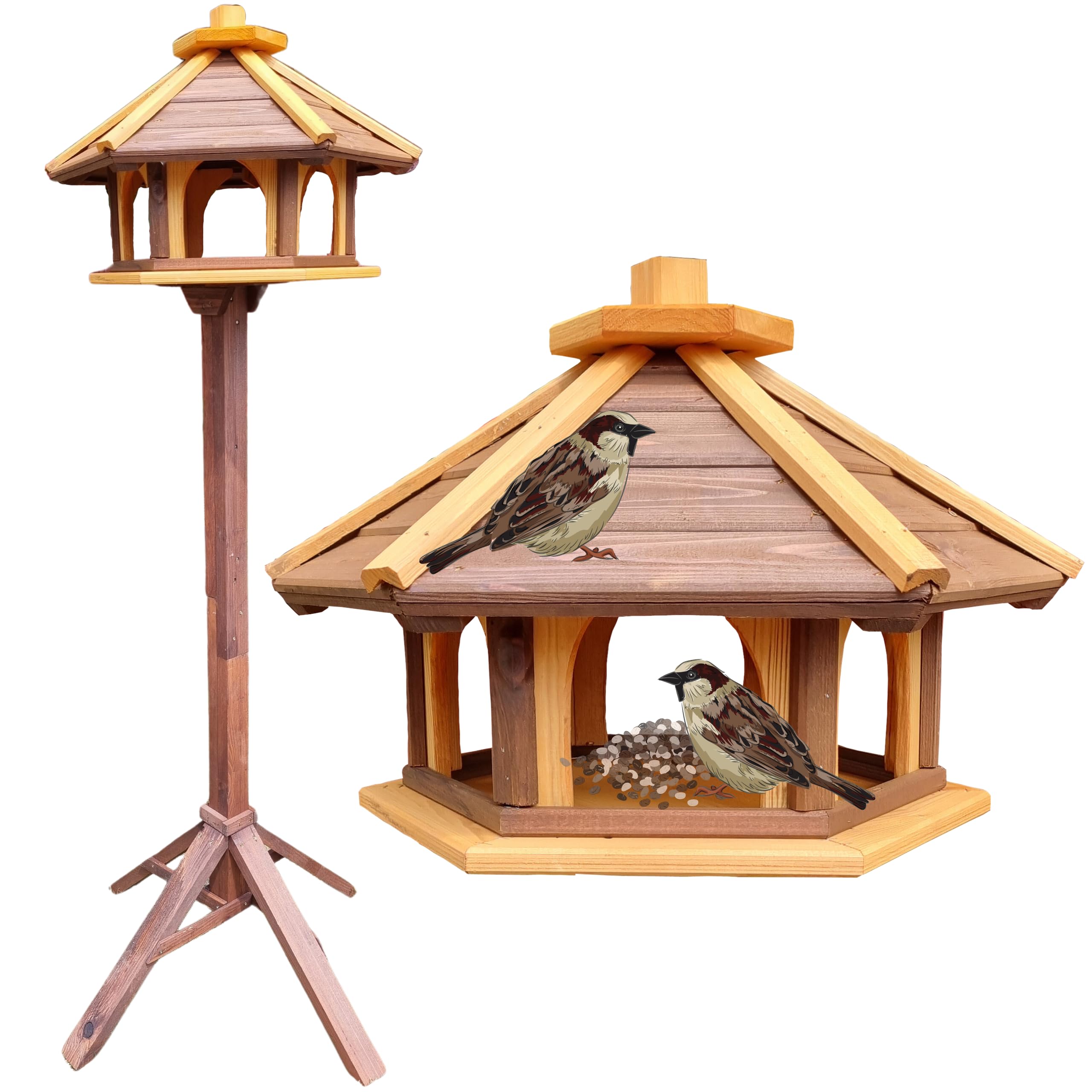 Pajarera con soporte de madera, resistente a la intemperie, comedero para pájaros, comedero para pájaros silvestres, comedero para pájaros para colocar en el jardín, balcón (marrón + amarillo)