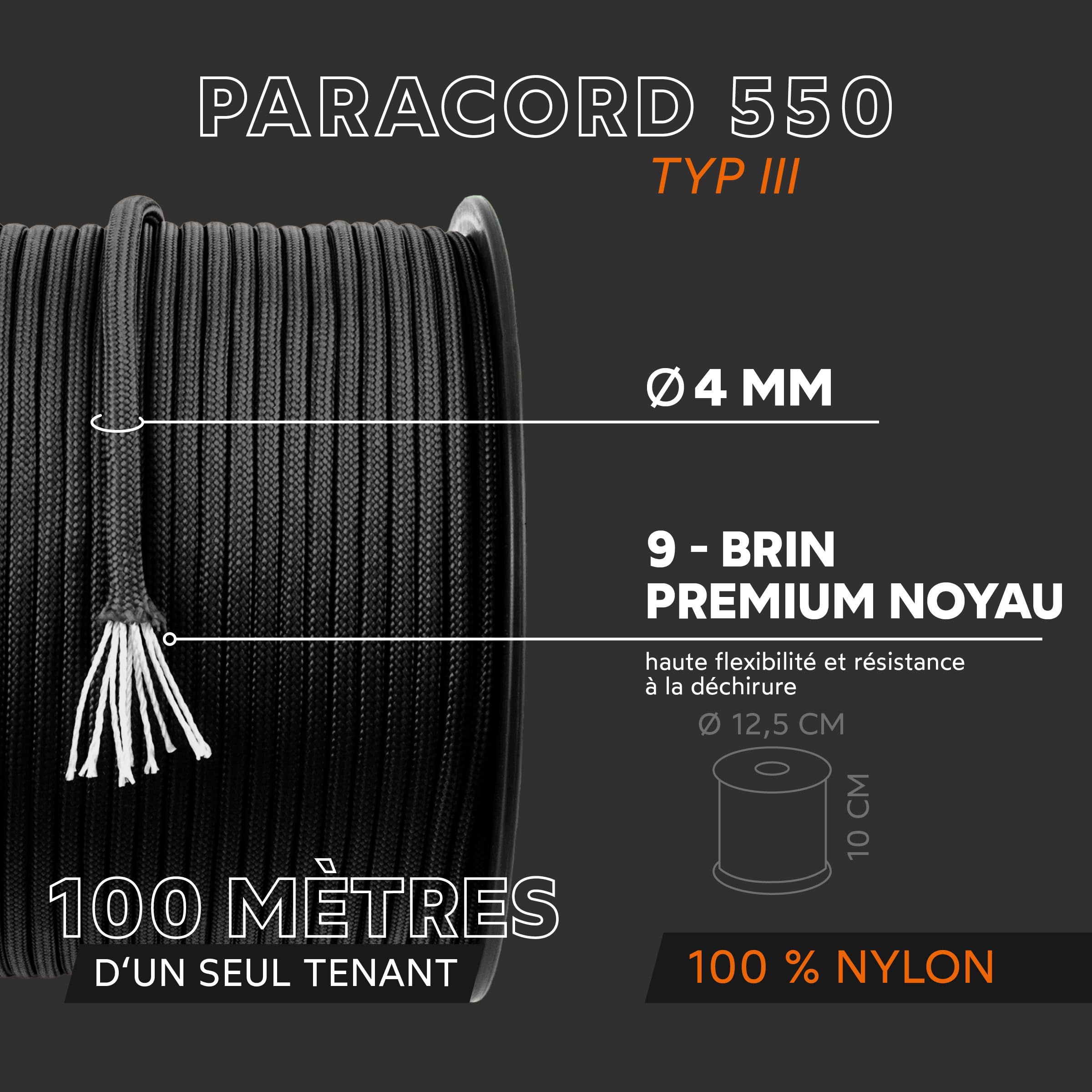 GO!elements Paracorde en Ficelle Nylon - 4mm Paracorde 550 Typ III Corde - approprié en Fil de Peche Nylon, Filet éthologique, etc. | Max. 250kg