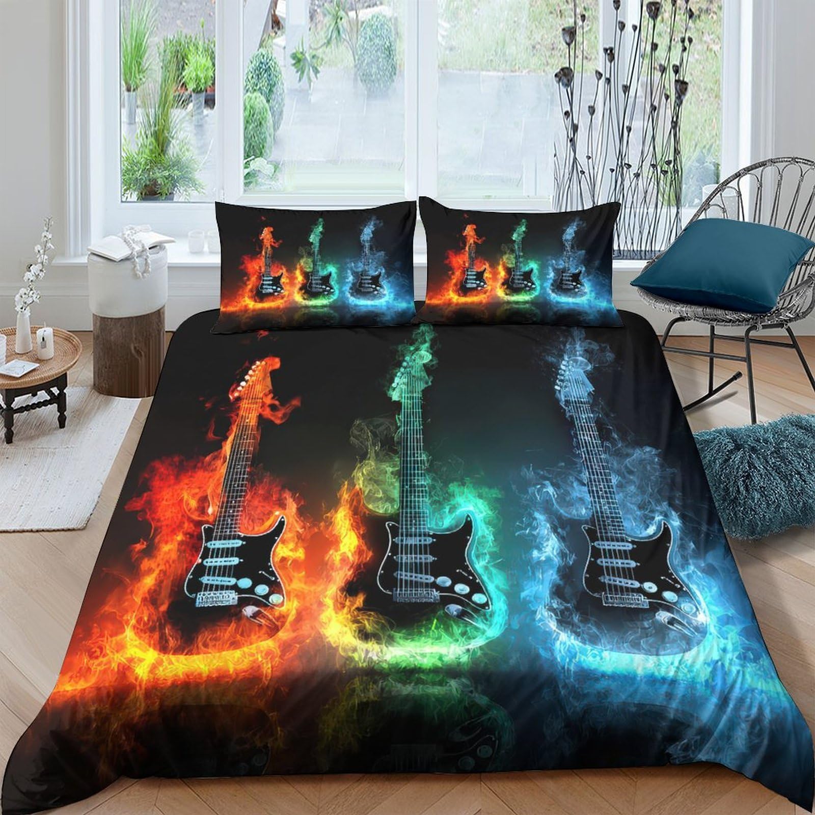 Ctjqhvkz Style-2 3D Printed Flaming Electric Guitar Fitted Sheet Microfiber Soft Bedroom Decor Artistic Mattress Cover Single（135X200cm）