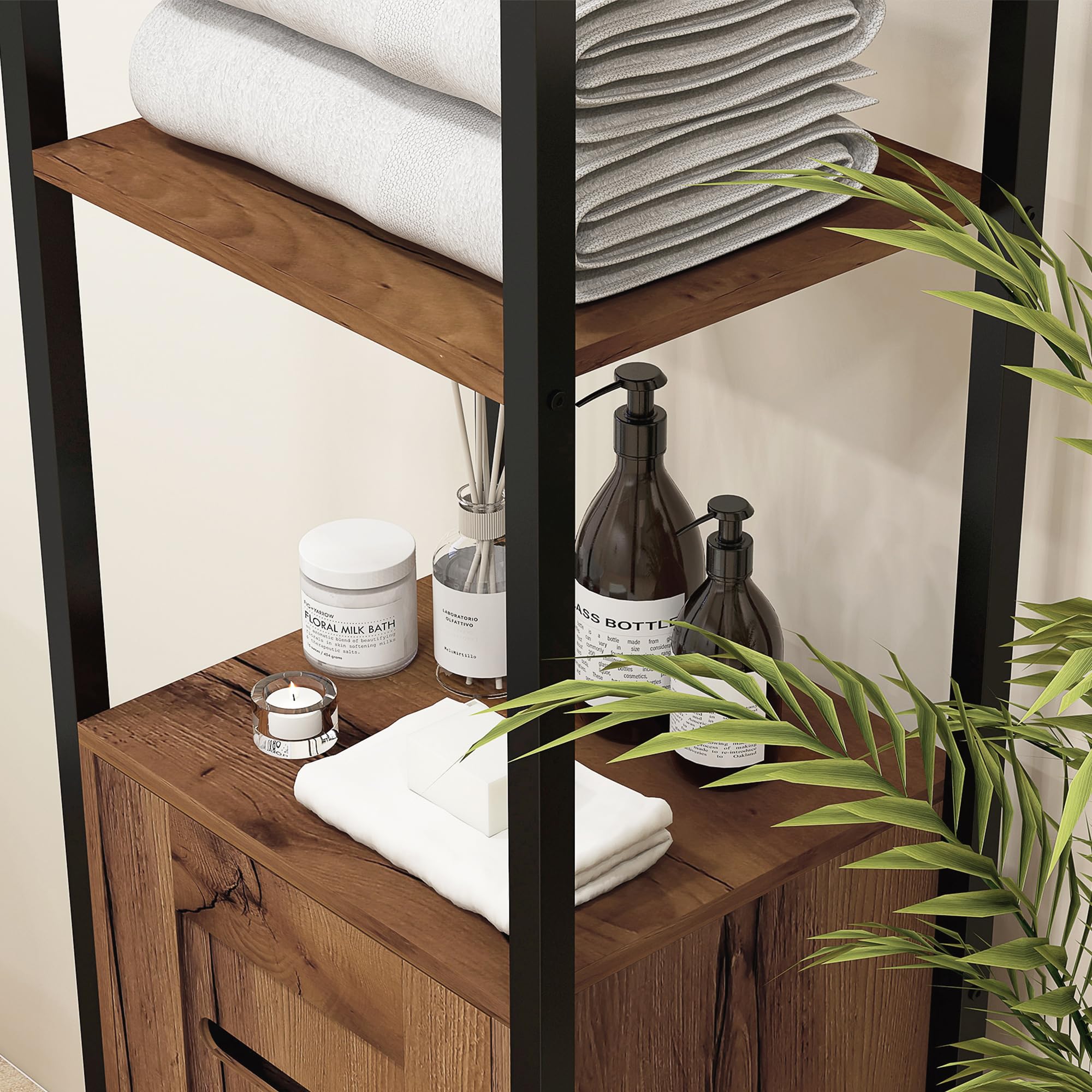 kleankin Armario de Baño Alto con Puerta de Lamas, Estantes Ajustables y Compartimentos Abiertos, Columna de Baño Estrecha, Marco de Acero, 37x30x167 cm, Marrón Rústico