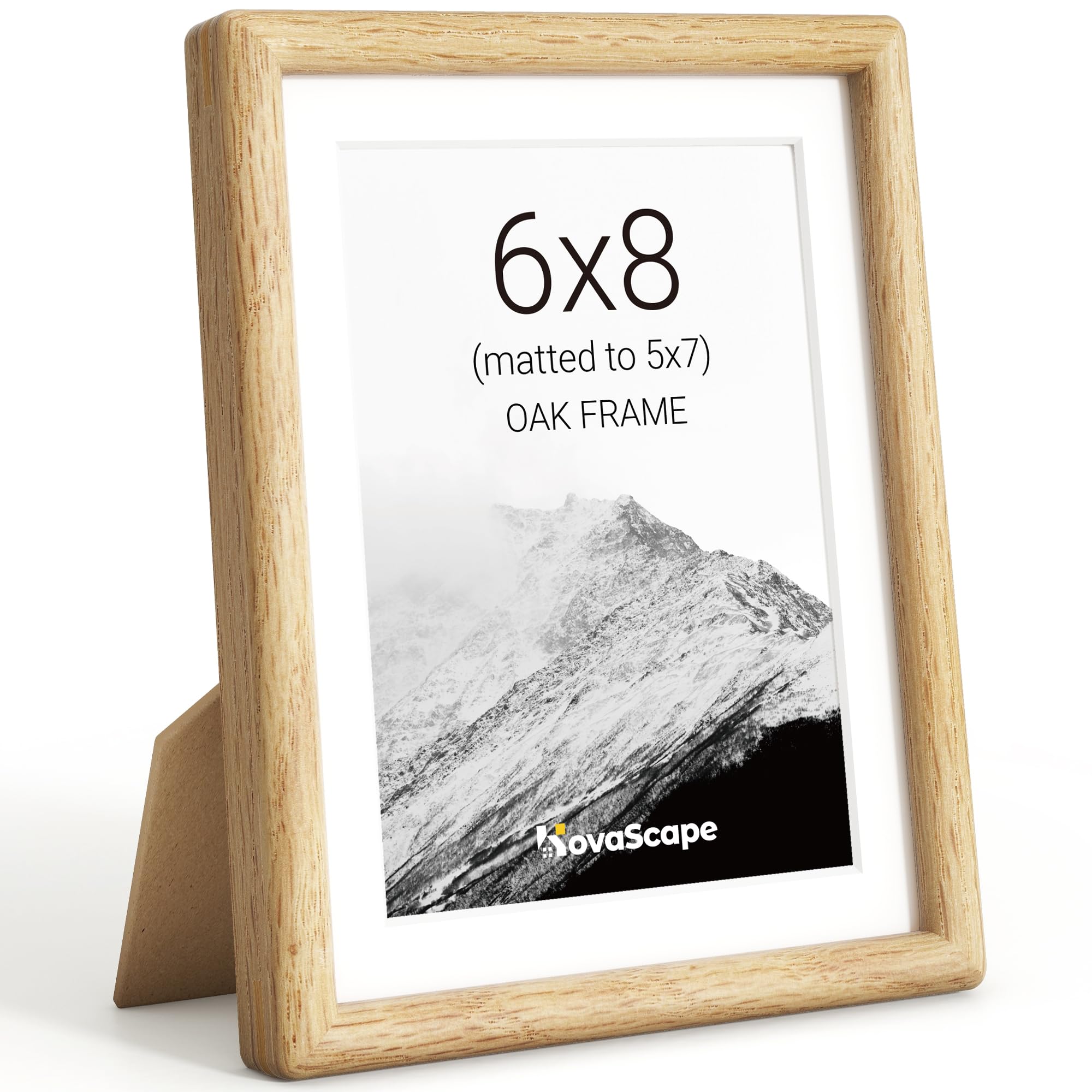 KovaScape 6x8 Picture Frame, Solid Oak Wood Photo Frame with Tempered Real Glass, Includes White Mount for 5x7 Photo, Rounded Corner Design, For Wall Hanging or Tabletop Display — image 1