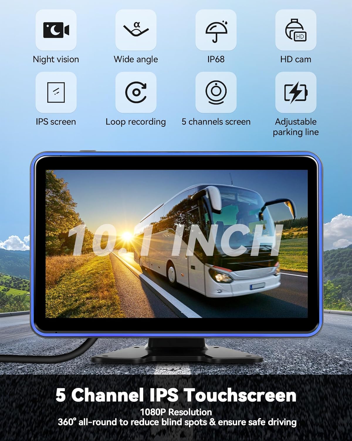 CAMECHO 5 Channel RV Backup Camera Vehicle Backup System with 10.1'' Monitor Touchscreen & 5 Split Display 1080P Backup Cameras, MP5 Player Vehicle DVR Recorder for RV/Truck/Bus/Trailer/Camper/Van