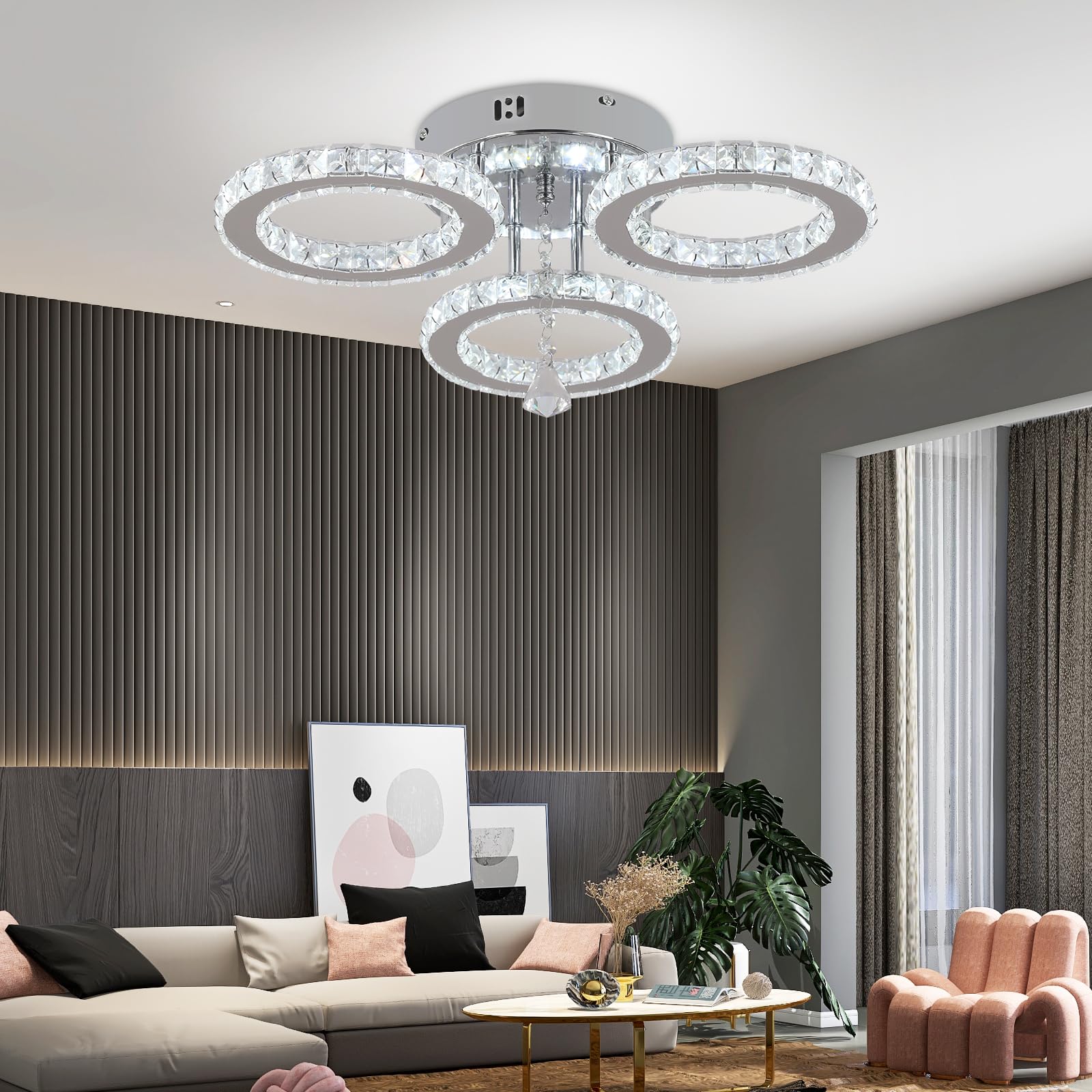 VETRULUS Nowoczesna Lampa Sufitowa LED, Ściemniająca się z Pilotem, Kryształowy Żyrandol do Salonu, Sypialni, Kuchni