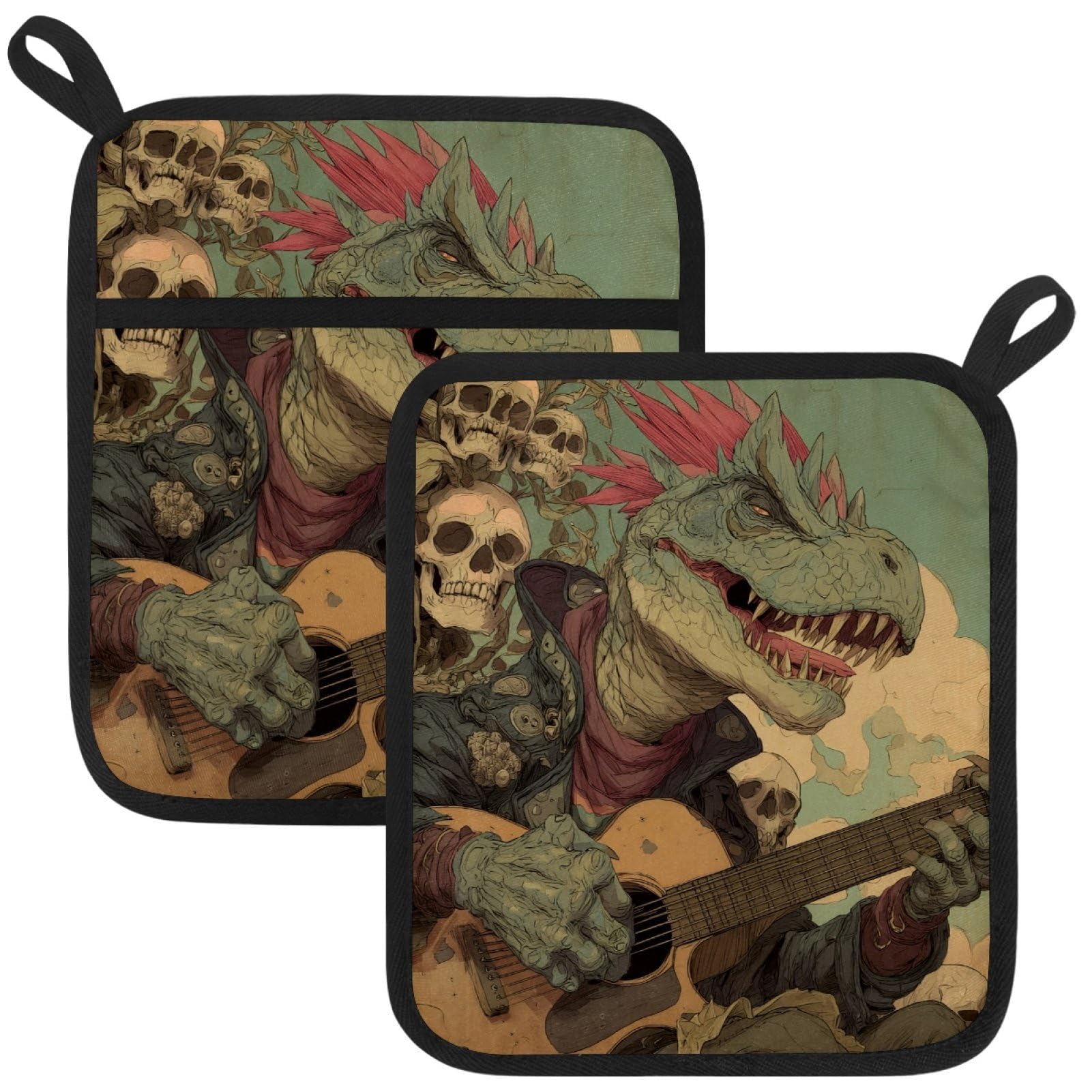 VAPOKF Dinosaur Pot Holders with Pocket for Kitchen Heat Resistant Potholders Large Polyester-Cotton Square Oven Mitts Set