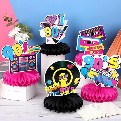 Miniatura 5 de 10 piezas de decoraciones de fiesta de los años 90, centros de mesa retro de panal de abeja de los años 90, centros de mesa de fiesta de los años