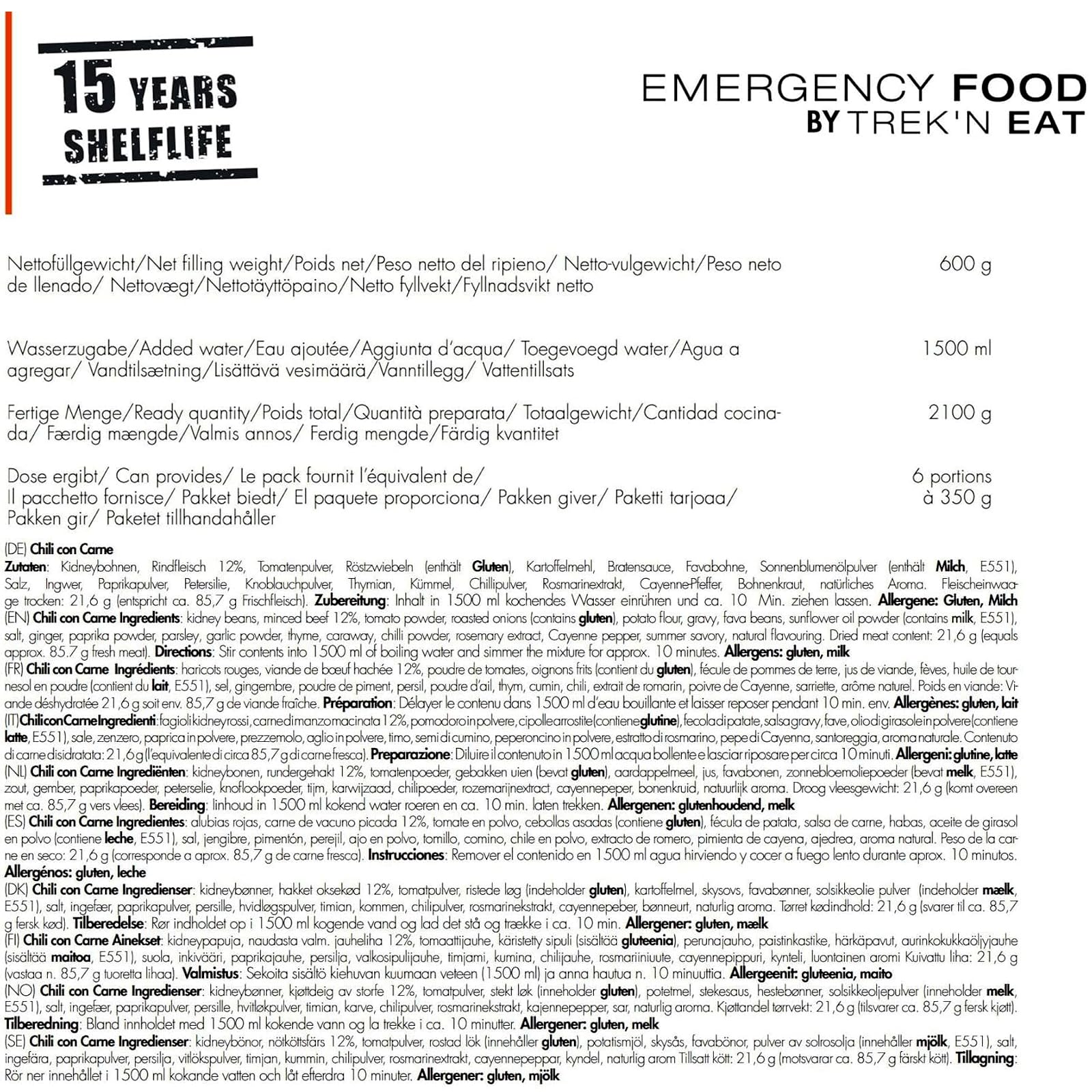 TREK'N EAT Chili con Carne au bœuf et aux haricots rouges - Gamme d'urgence | Conservation 15 ans | Fournitures d'urgence, Préparation aux crises, Alimentation de survie et de plein air