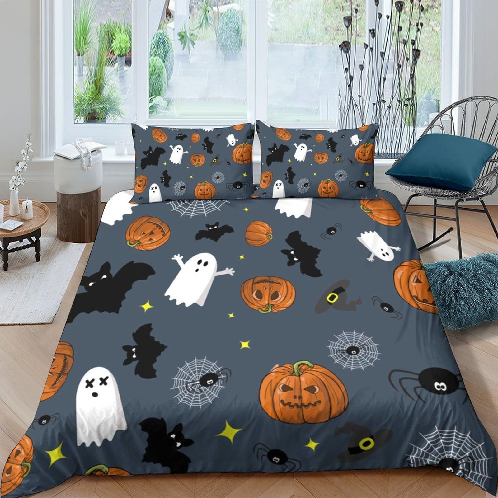 Ctjqhvkz Style-9 3D Printed Halloween Pumpkin Fitted Sheet Microfiber Ghost Bat Bed Cover For Bedroom Dorm Easy Care Decor Single（135X200cm）