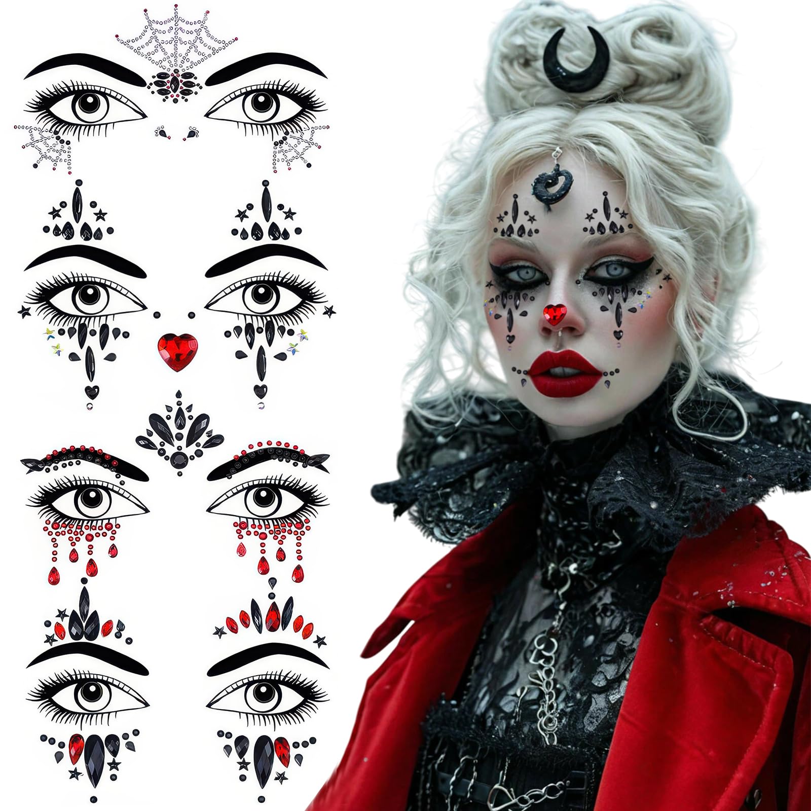4 Pack Face Gems Jewels Tattoos for Halloween, Glitter Rhinestones Day of the Dead Skull Spider Web Clown Crystals Makeup Stickers for Women Halloween