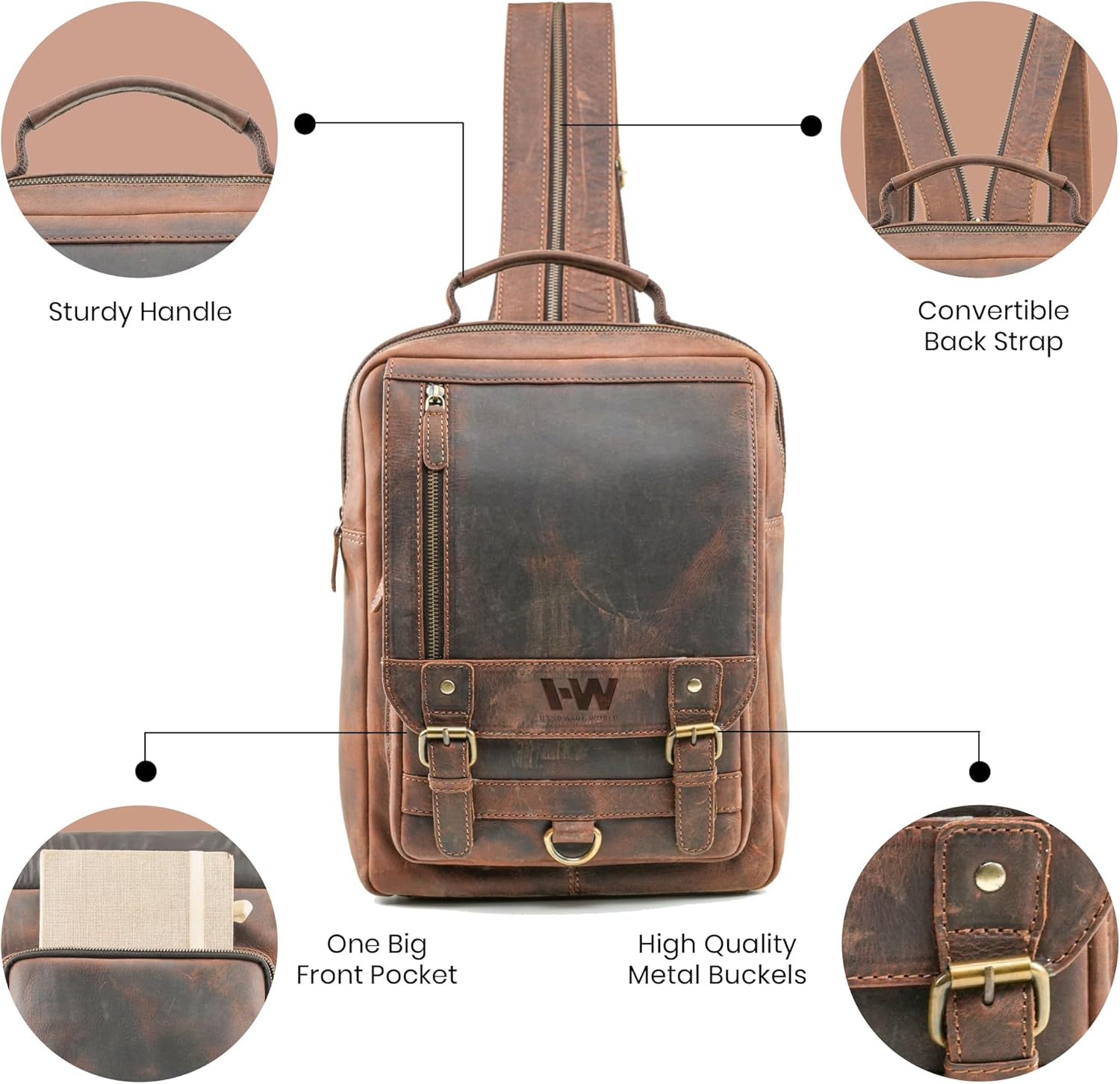 Handmade World Leather Backpack Convertible to Sling Bag 'The UpVibe' Fits 16 Inch Laptop Brown Full Grain Buffalo Hunter Leather Daypack Knapsack Stylish Crossbody Bag Unisex - Image 4