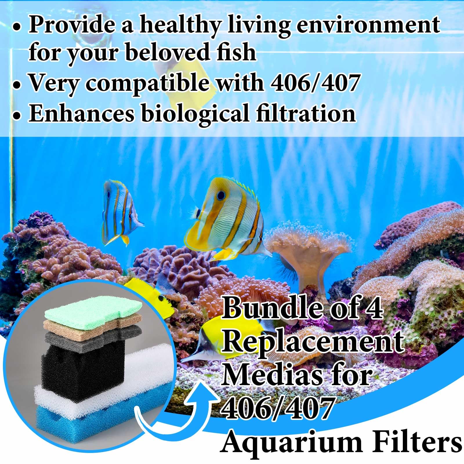 Threlaco Lot de 32 médias filtrants compatibles avec les filtres 406/407, kit d'entretien de rechange pour aquarium, éponge biologique, tampon dissolvant d'ammoniac/phosphate/nitrite, serviette