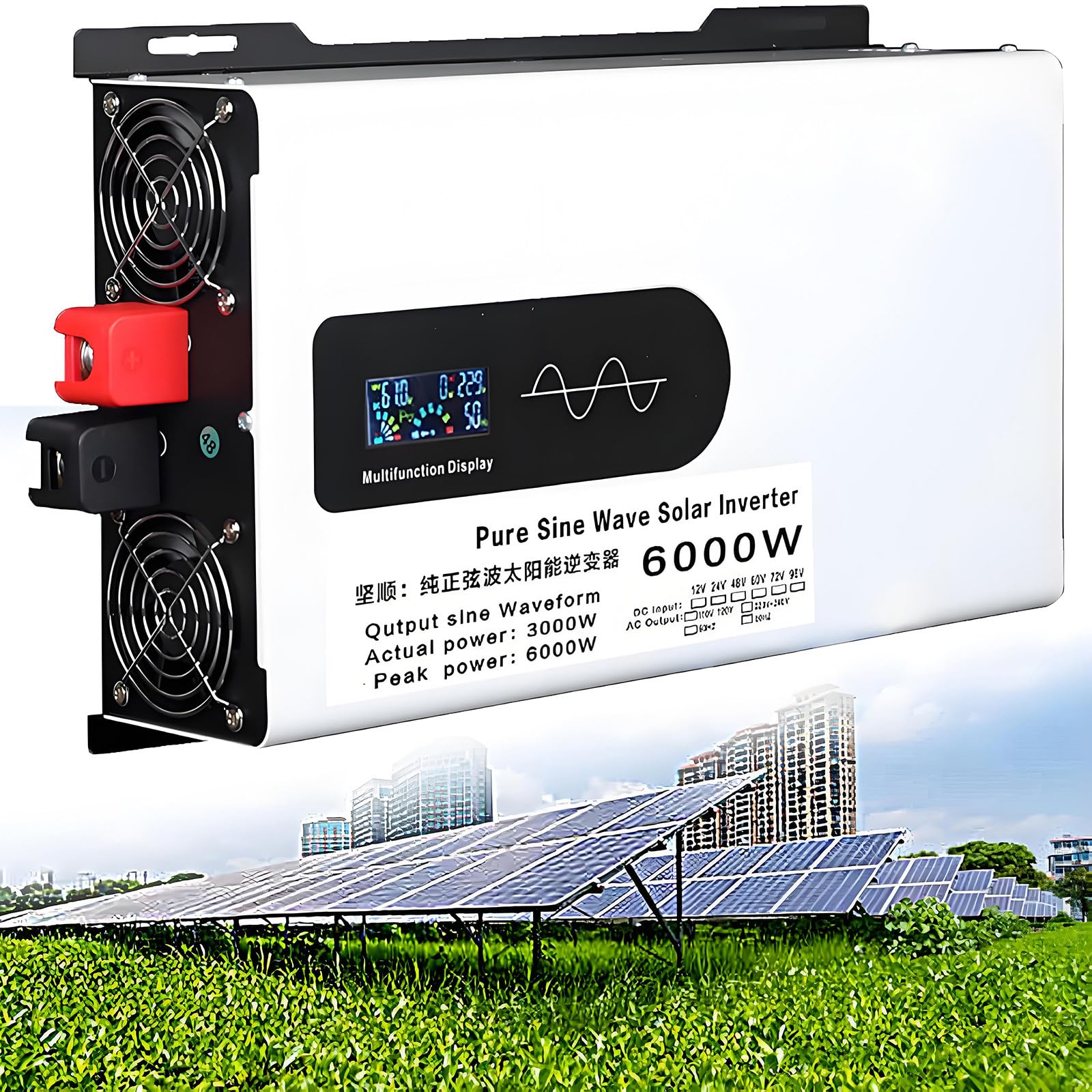 Falowniki samochodowe Falownik sinusoidalny o mocy szczytowej 6000 W, mocy znamionowej 3000 W z wyświetlaczem LCD i 2 gniazdami wyjściowymi, DC 12 V/24 V/48 V/60 V/72 V/96 V do 110