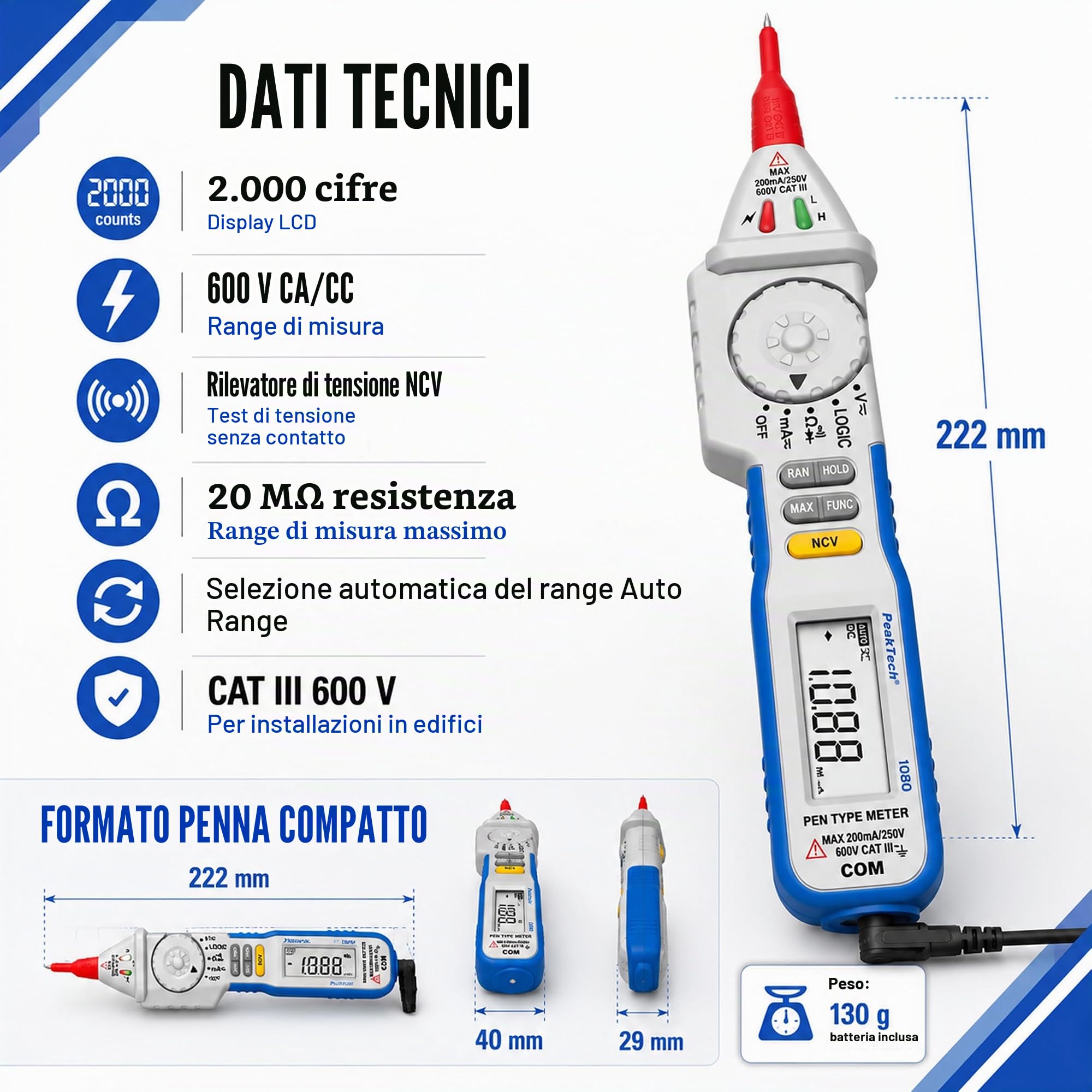 PeakTech 1080 - Multimetro a penna, Tester di tensione digitale NCV con display a LED, Voltmetro, Amperometro elettronico, Tester di continuità, AC/DC, 2000 conteggi - Max. 600 V