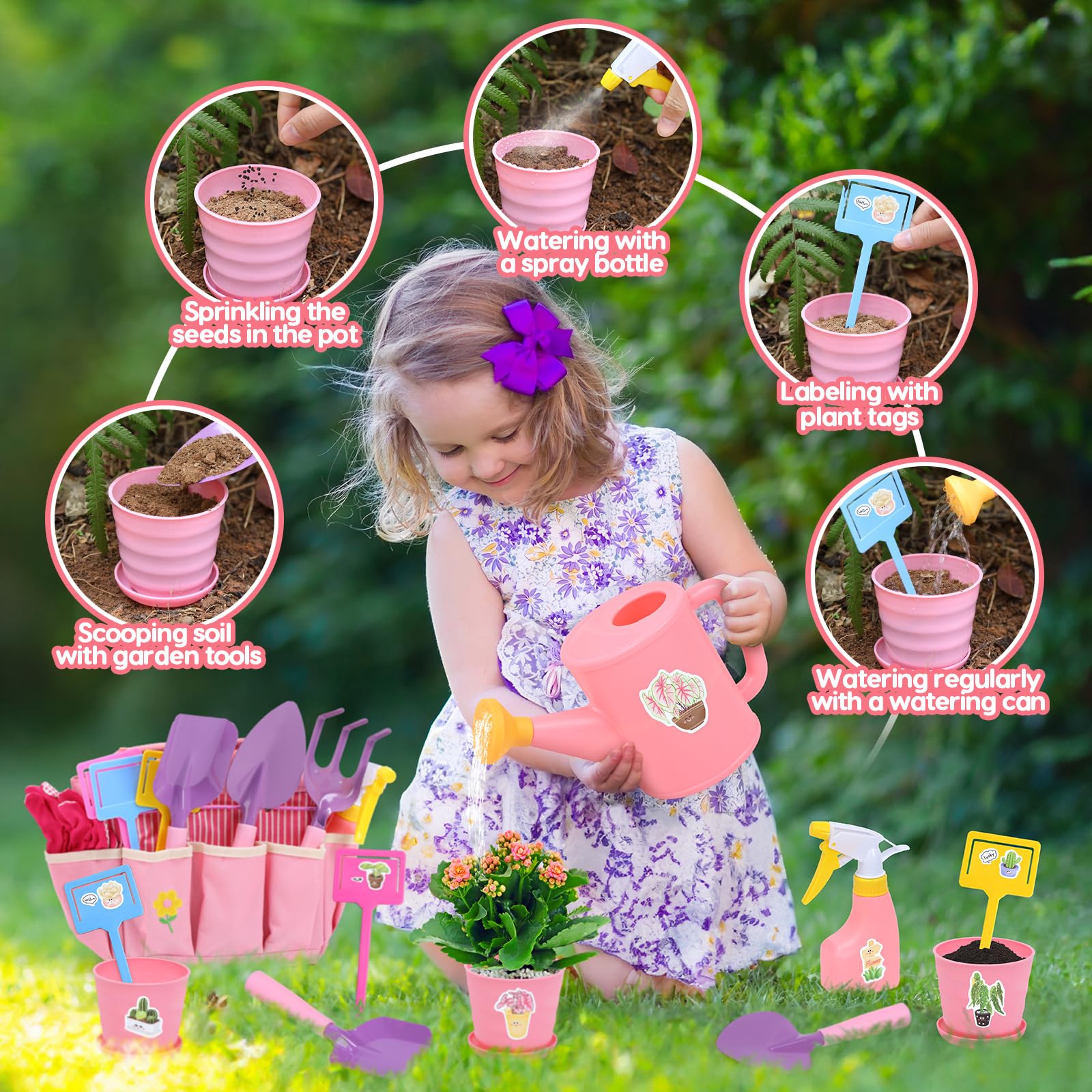 CUTE STONE Pink Kids Gardening Tool Set, Garden Toys W/Shovel, Rake, Trowel, Apron W/Pockets, Garden Tote Bag, Watering Can - Image 4