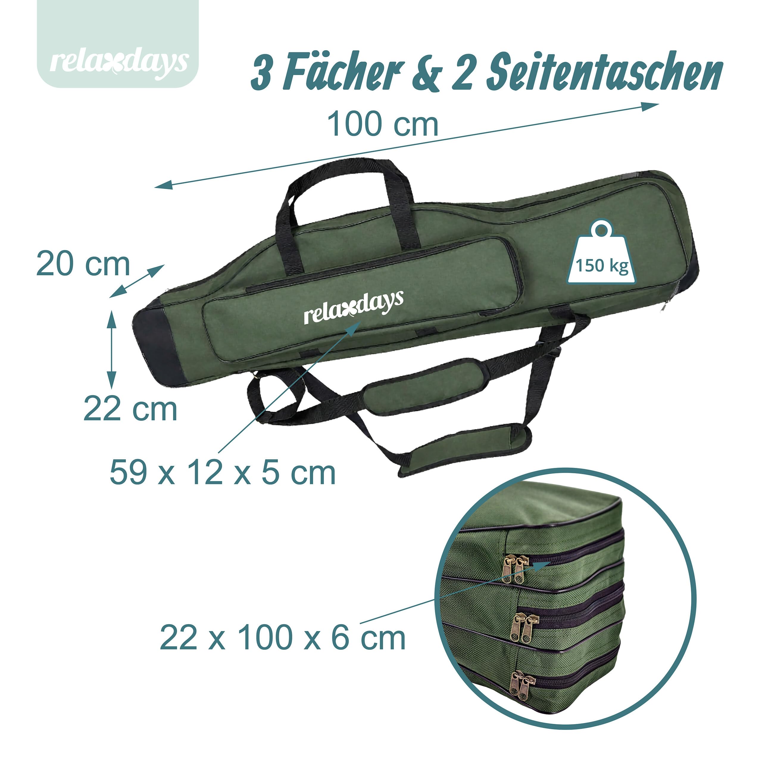 Relaxdays Angeltasche, Rutentasche, für 3 Ruten, 5 Fächer, gepolstert, Angelzubehör, groß, 1200D Oxford