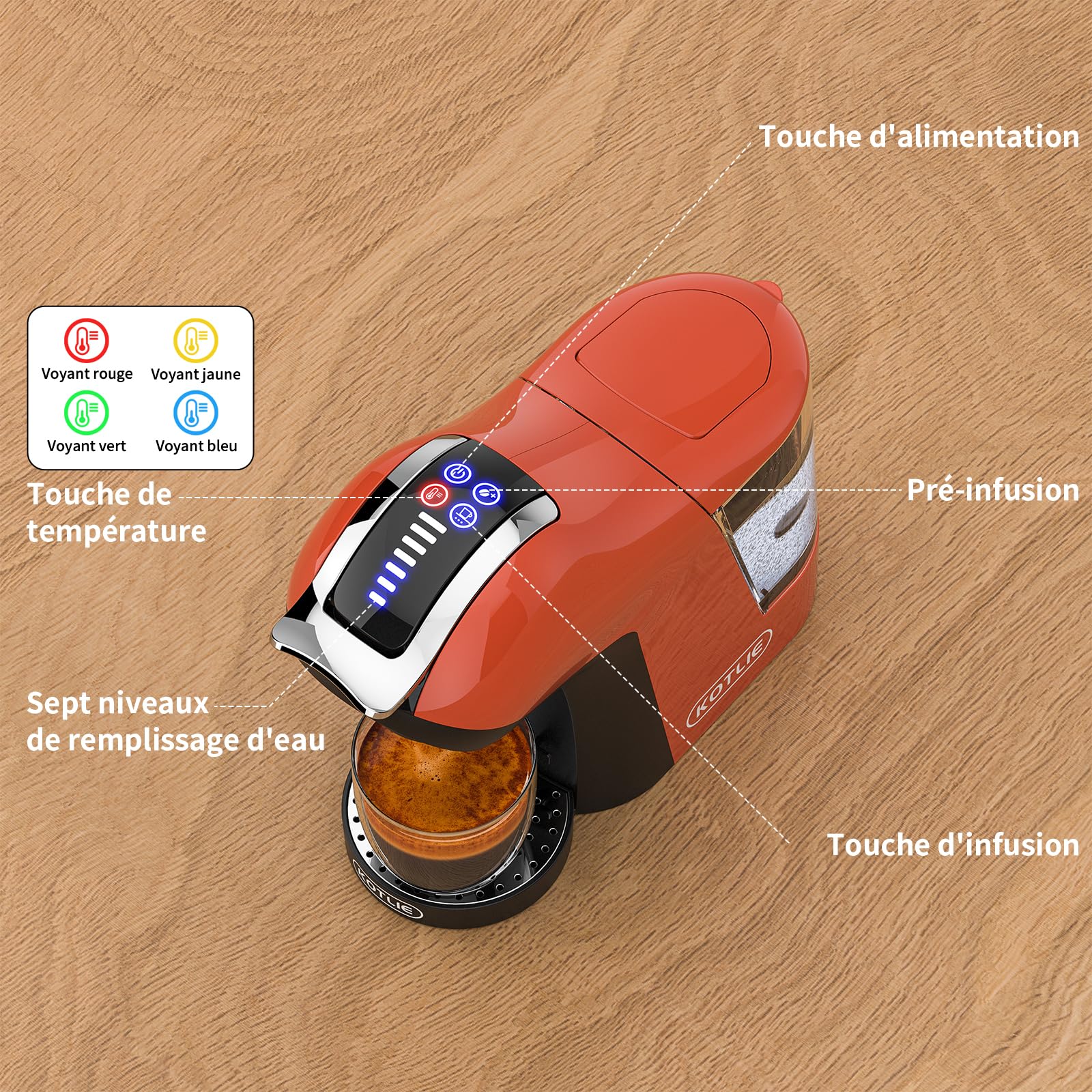 KOTLIE 308A Cafetière à Température Réglable, pour Café Glacé, Orange | Système polyvalent 5-en-1 accepte capsules (NES, DG, A MODO MIO), dosettes ESE et café moulu pour une variété de boissons.