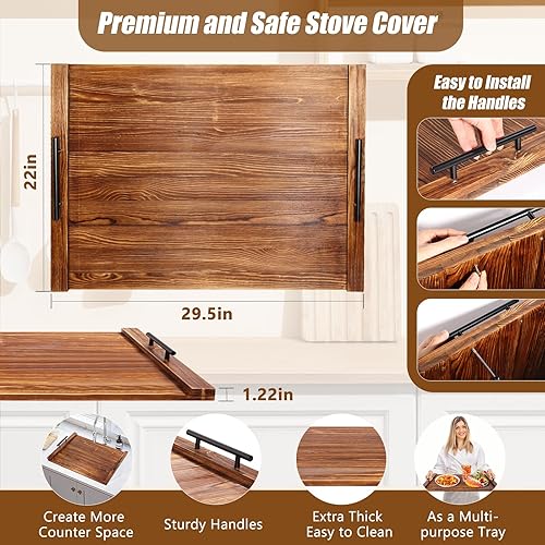 Miniatura 9 de Cubierta para estufa de fideos, cubierta superior de estufa de madera ultra gruesa con asas hechas de madera de pino maciza, cubiertas superiores de