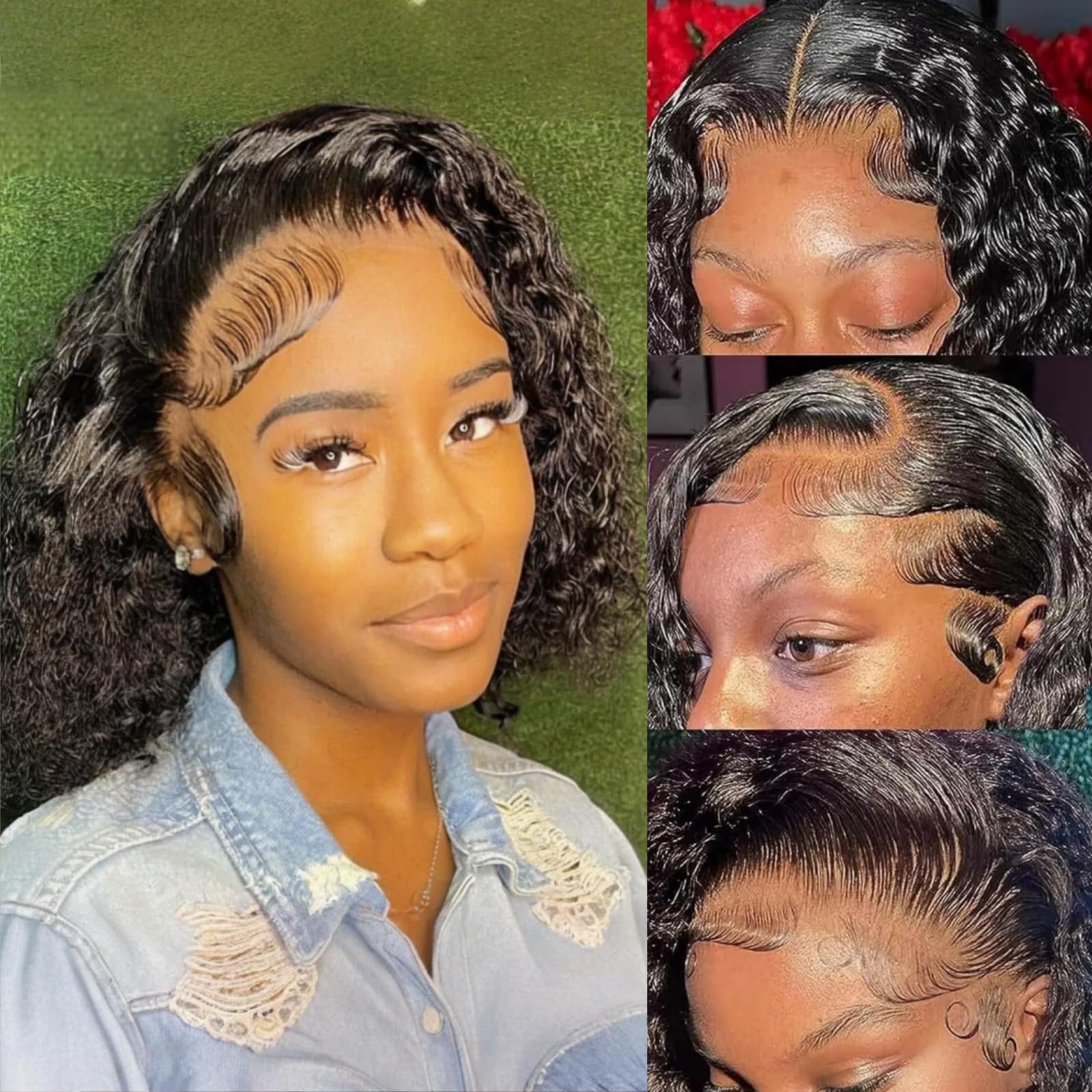 13x6 Bob Wig Deep Wave Lace Front Wigs Human Hair 13x6 Lace Frontal Wigs 180% Density Curly Bob Wig Human Hair Pre Plucked Deep Wave Wig for Black Women (Natural Black, 8 Inch)