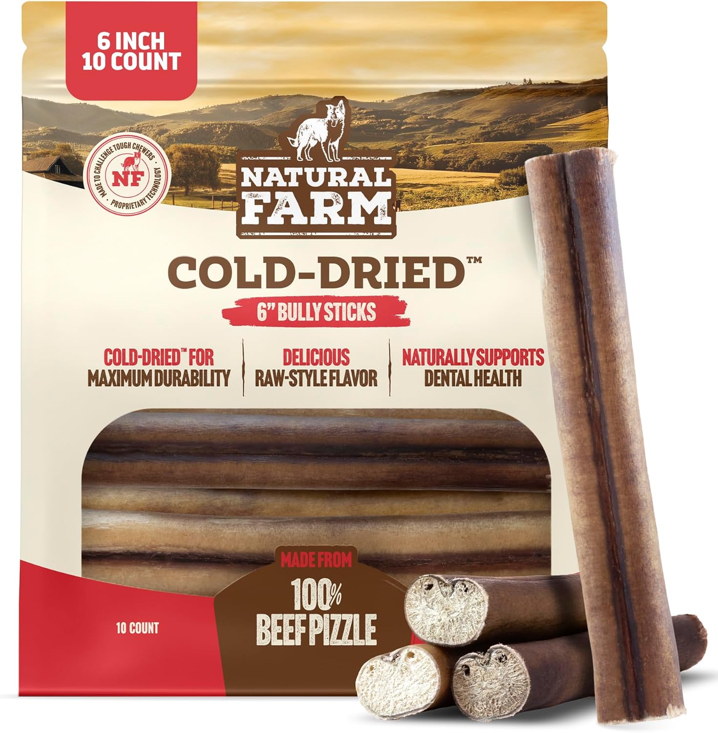 Natural Farm Cold-Dried™ Bully Sticks 6 Inch (10 Count) – Odor Free Longer Lasting High Protein Dog Chews – 100% Beef Pizzle, Single Ingredient, Durable for Aggressive Chewers