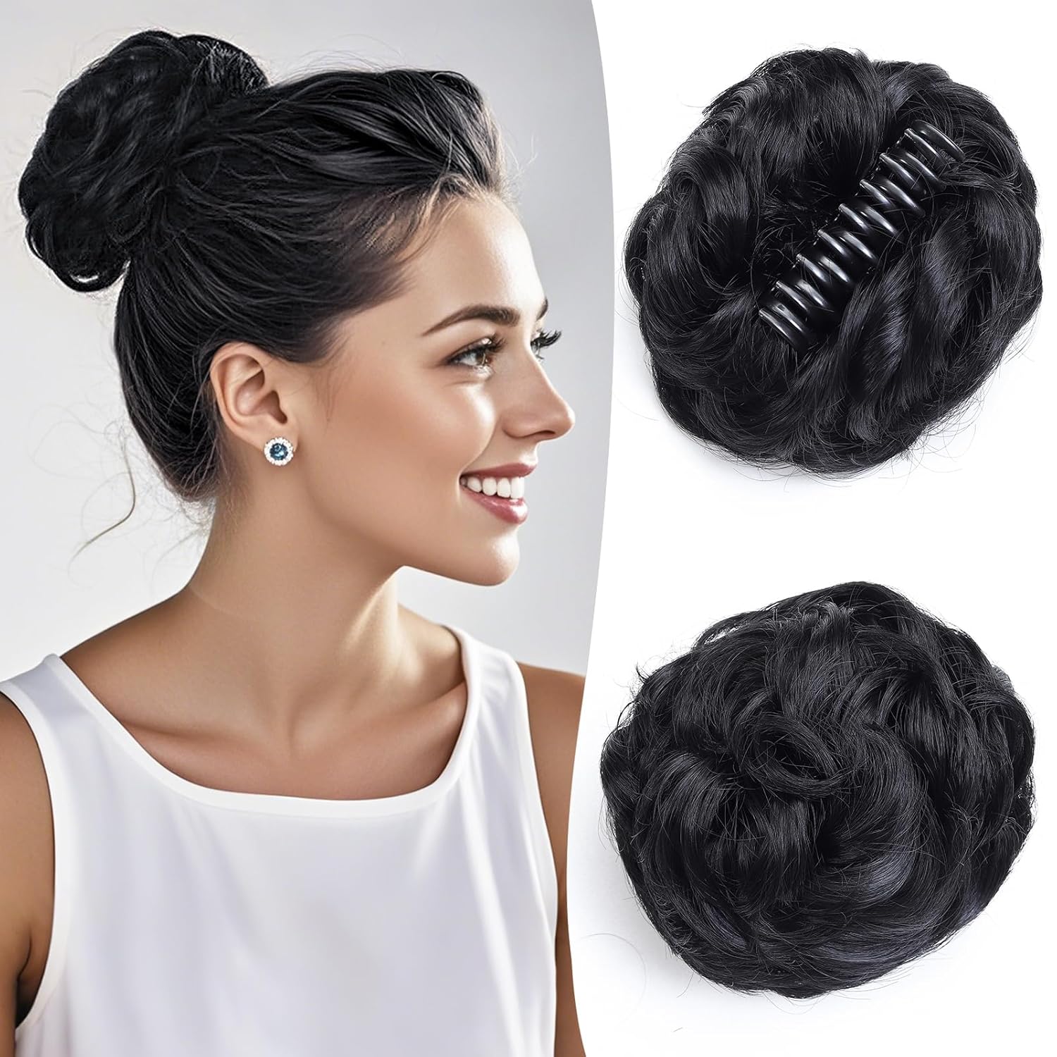 Messy Bun Hair Piece, Wavy Curly Claw Clip Messy Bun Hair Clip, Synthetic Fake Messy Bun Hair Extensions, Soft Claw Clip Ponytail Hairpieces for Women (1B#-Black, 1 Count (Pack of 1))