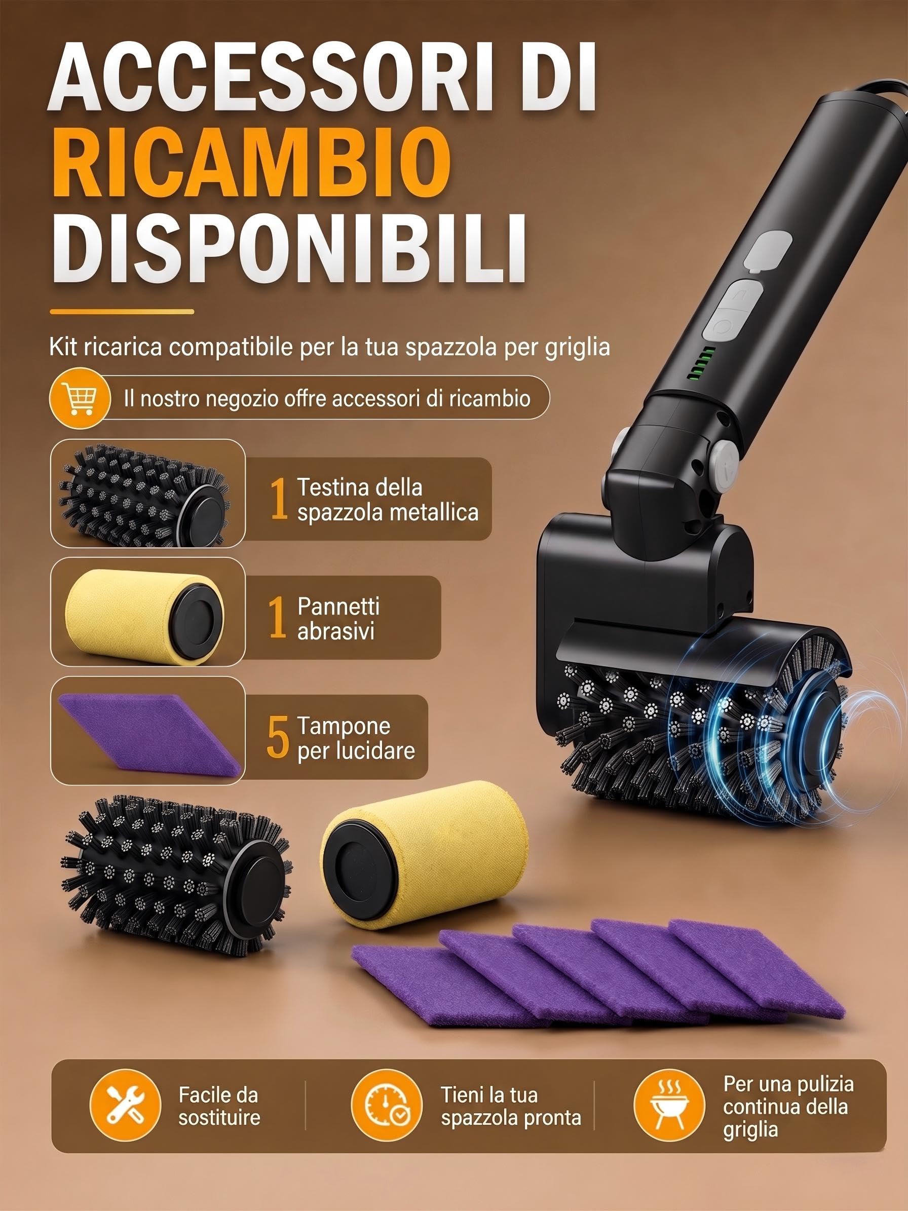 Spazzola Elettrica per Grill, Ricaricabile Senza Fili, 3 Velocità, 2 Testine e Tampone Abrasivo