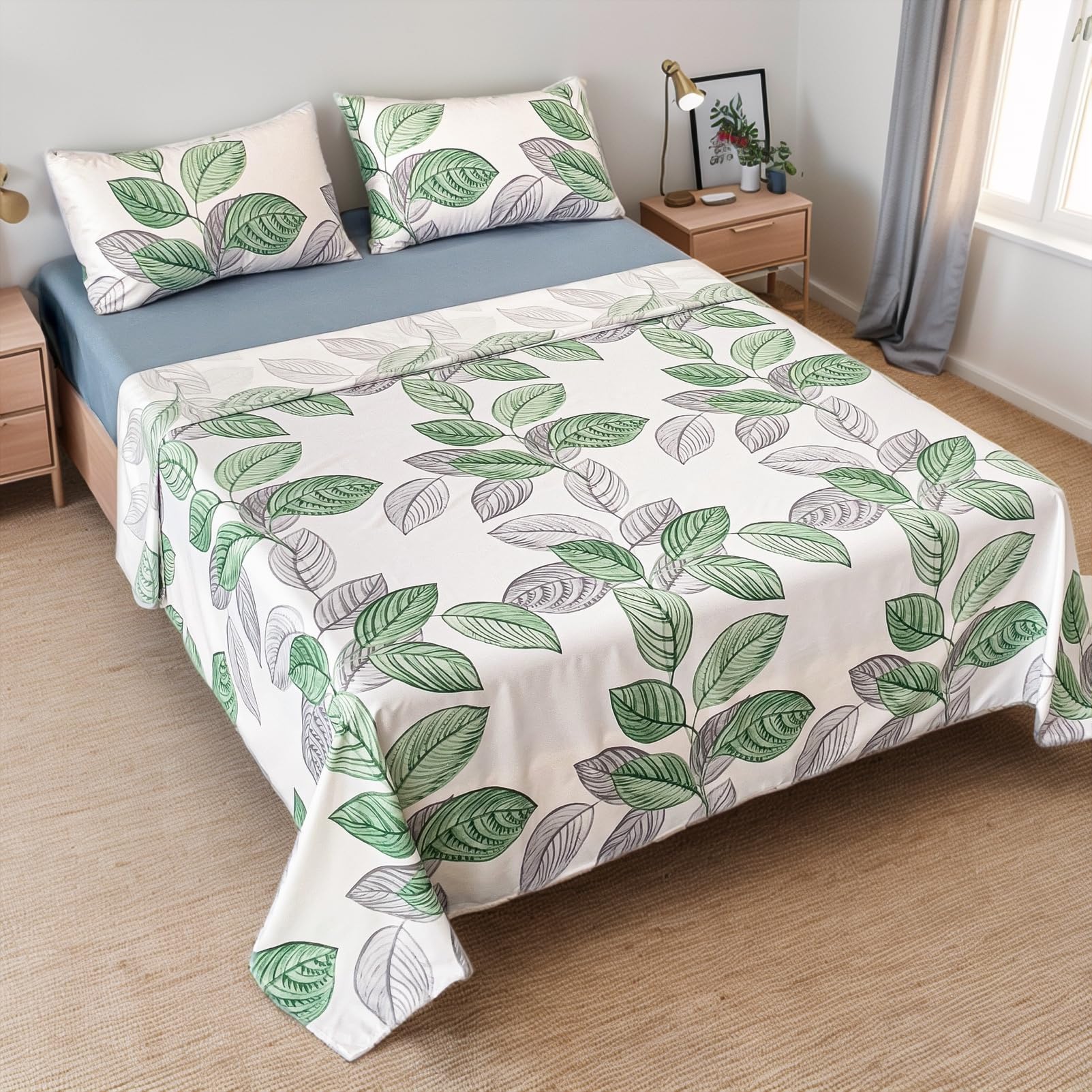 Etrexonline Juego de Sábanas 4 Piezas para Cama 135 – 135x200+25 – 100% Poliéster Microfibra Suave y Resistente – Sábana Bajera Ajustable + Encimera 210x260 + 2 Fundas de Almohada 50x75 – Color Hojas